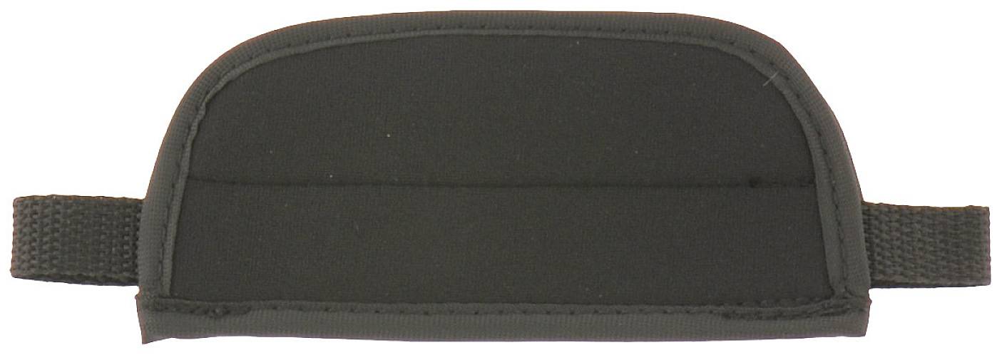 A black, padded shoulder pad with a strap on each side, typically used for bags or shoulder straps.