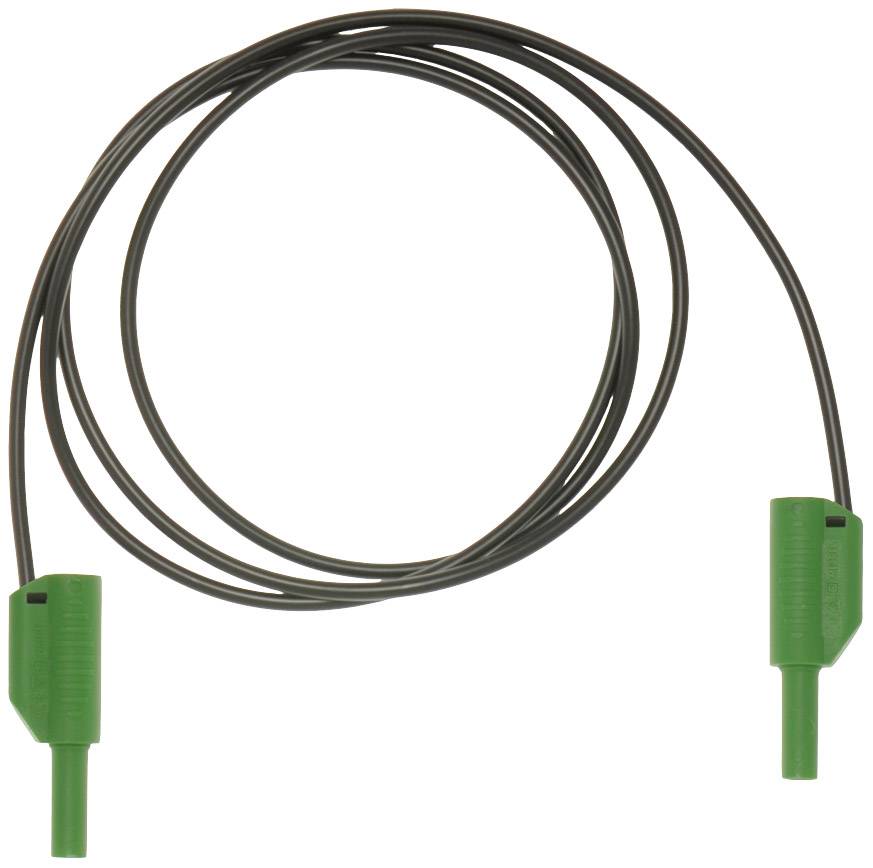 A green electric cable with two connectors at its ends, coiled and resting on a white surface.