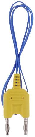 Gelbes medizinisches Kabel mit zwei Metallsteckern und blauem Kabel zur Verbindung von Elektroden mit einem Gerät.