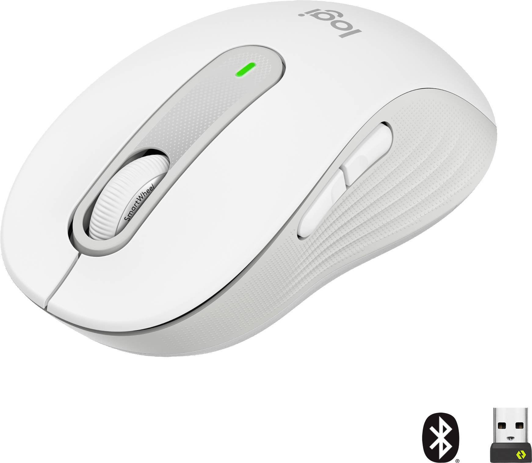 White wireless computer mouse with scroll wheel and side button, Bluetooth and USB receiver shown. Brand logo visible at the top.