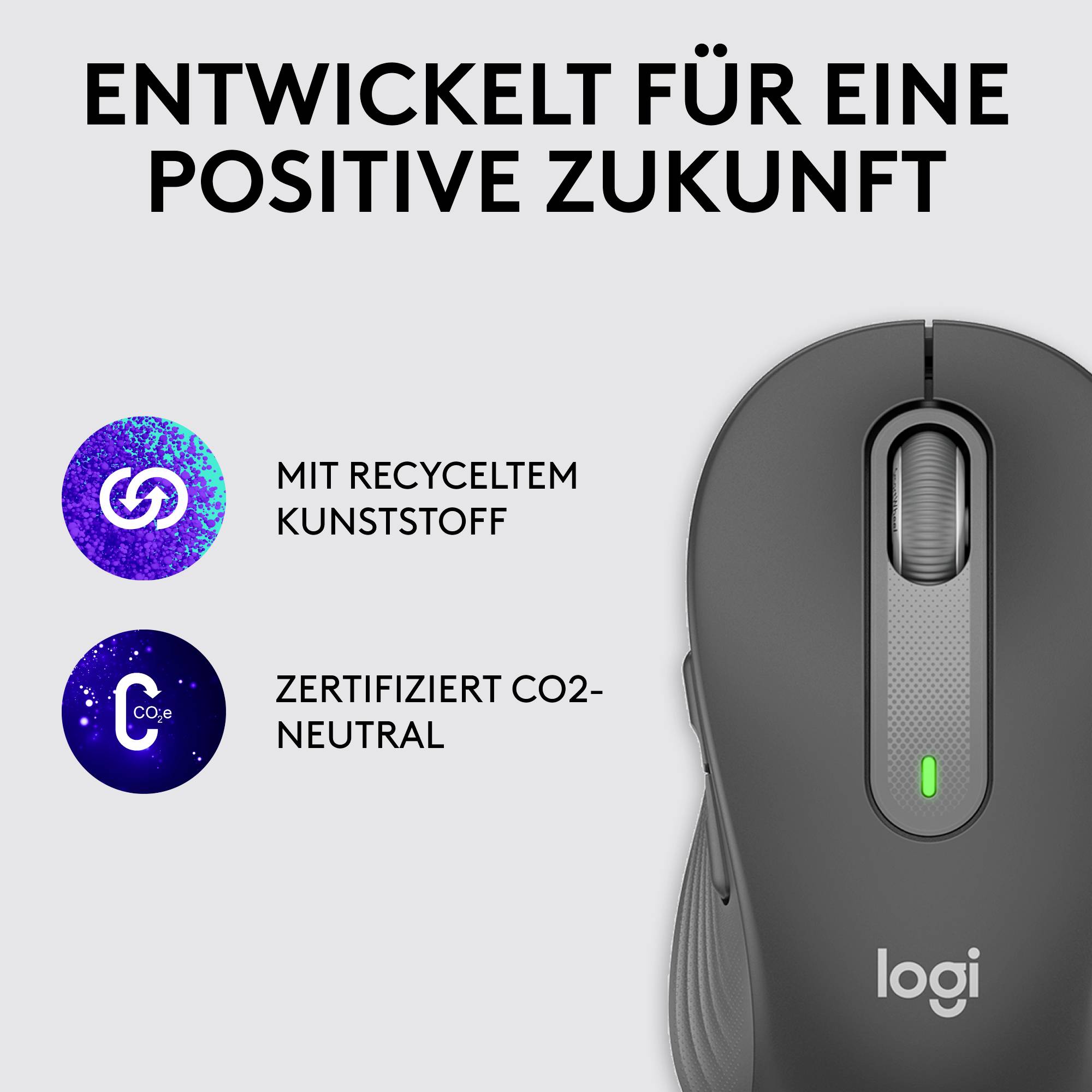 Title: Developed for a Positive Future. Left: Symbols for Recycled Plastic and Carbon Neutrality. Right: Logitech Mouse.