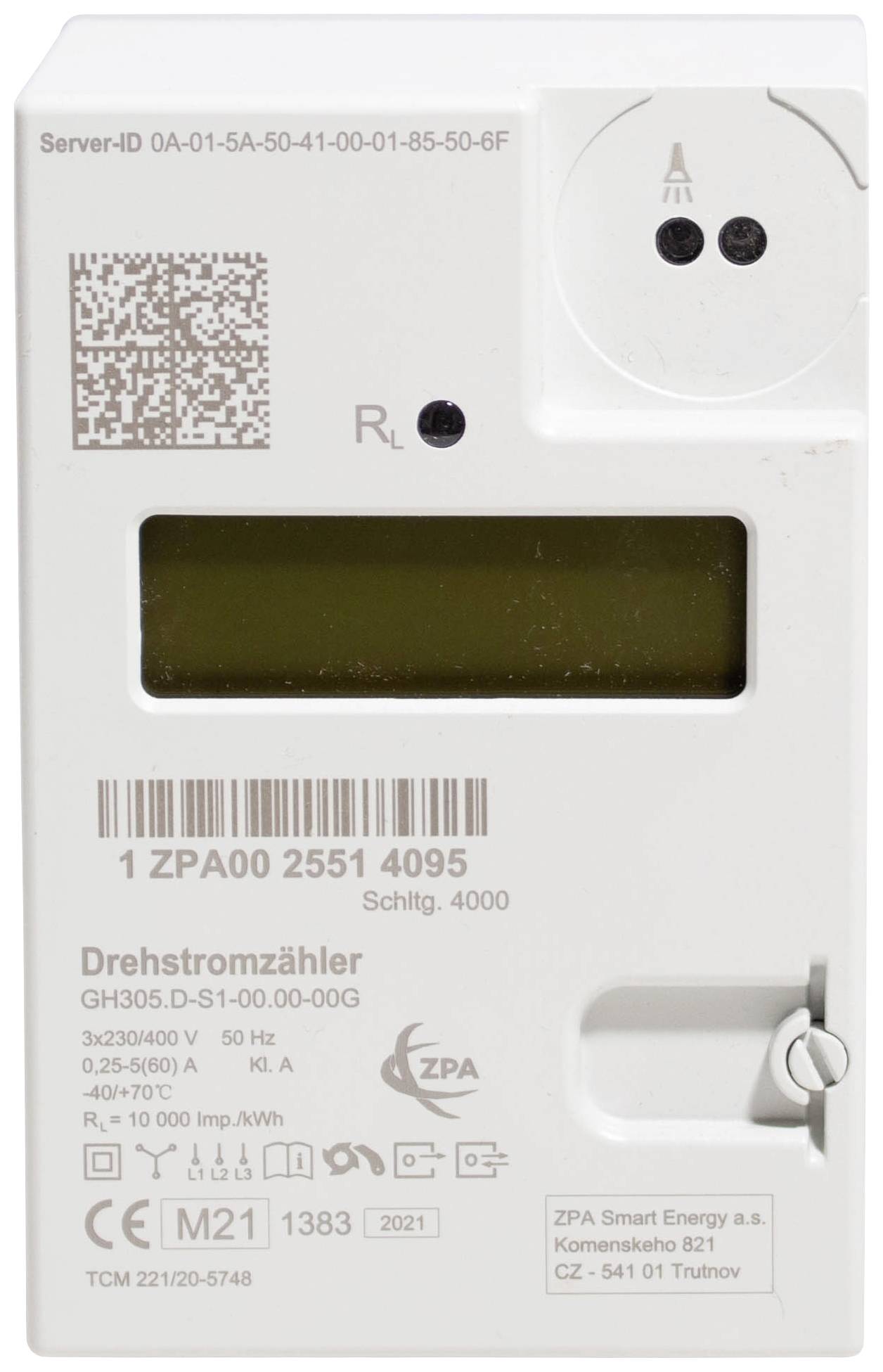 Digital three-phase electricity meter, ZPA Smart Energy, with LCD display and server ID. LED lights are positioned above the display.