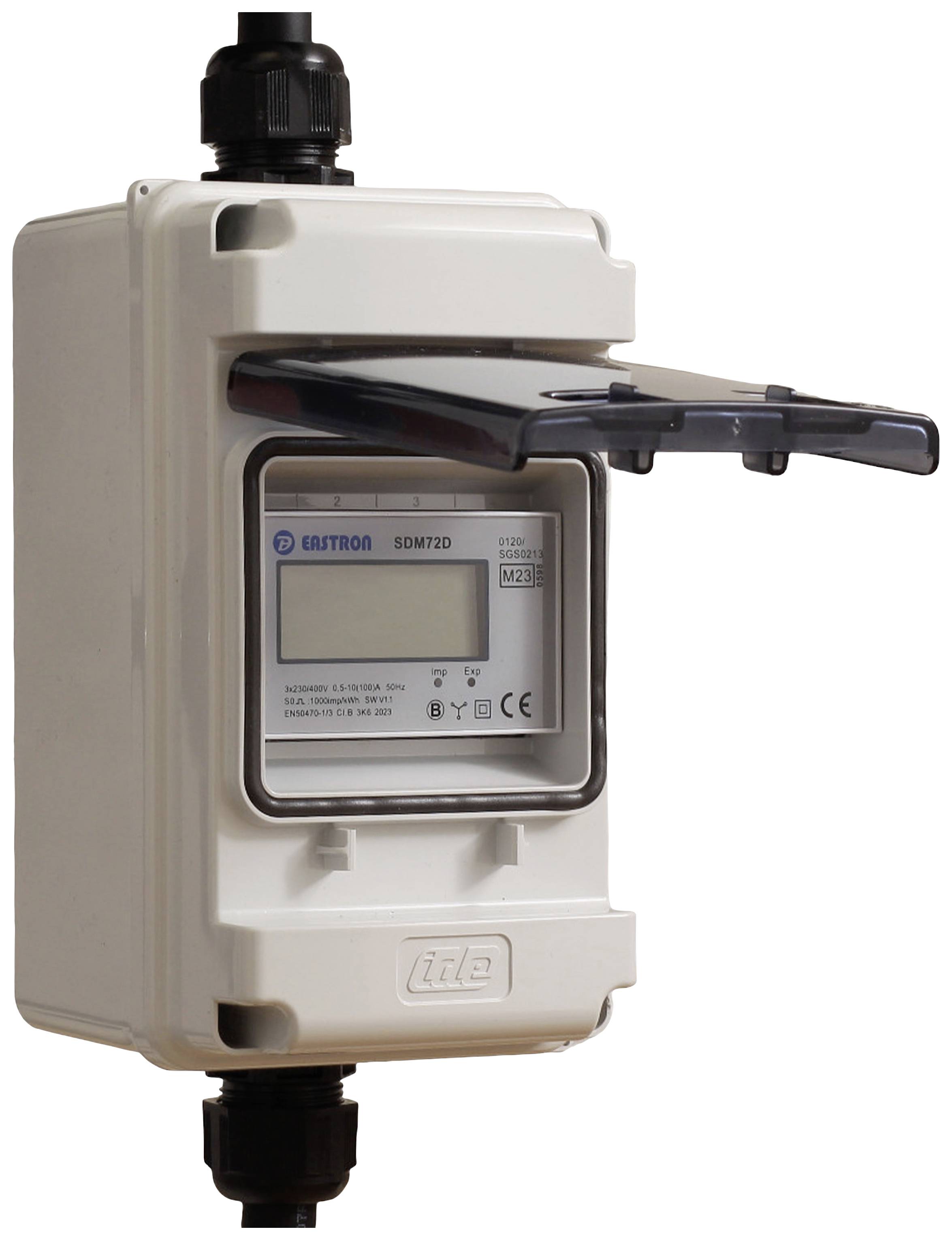 An electrical energy meter in a white housing with a transparent cover, displayed open.