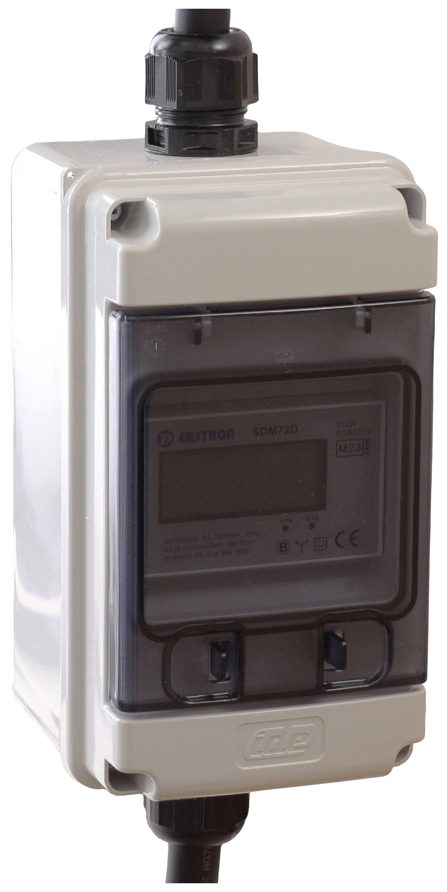An electronic measuring device in a grey casing with a digital display, possibly for energy or consumption measurement.
