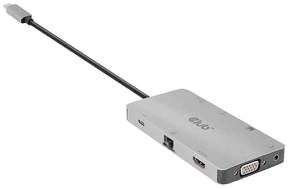 A grey USB-C hub with multiple ports, including HDMI, VGA, Ethernet and USB-A, connected via a short cable.