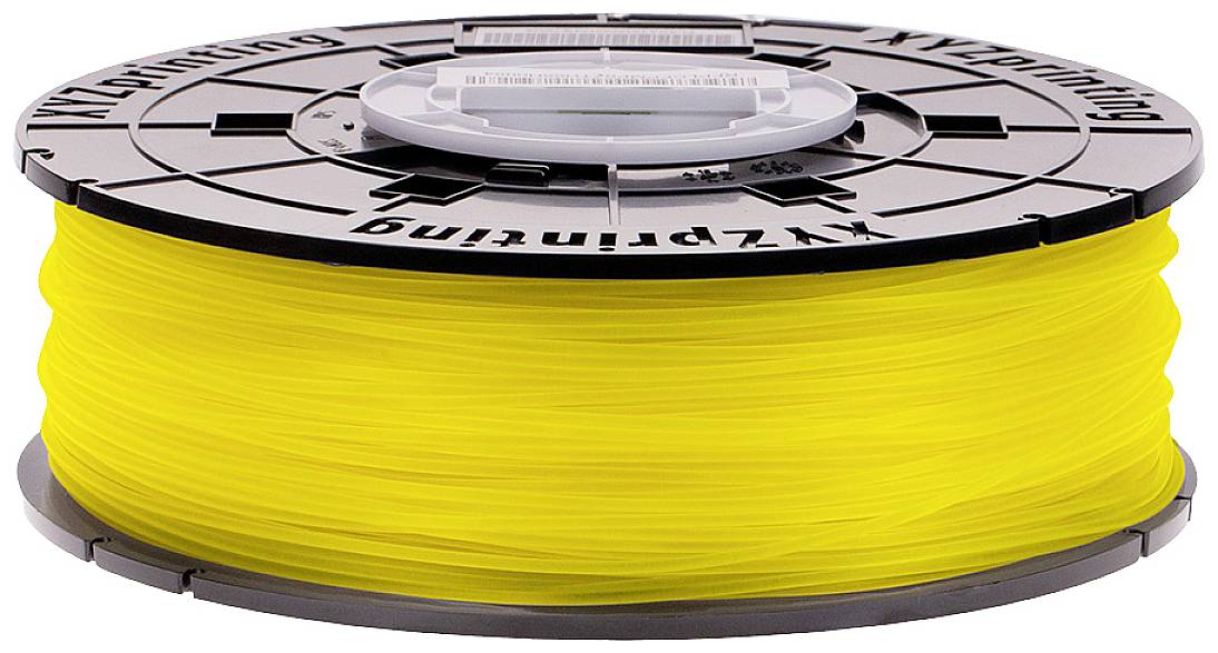 A yellow 3D printer filament spool from 'xyzprinting', wound on a sturdy plastic reel.