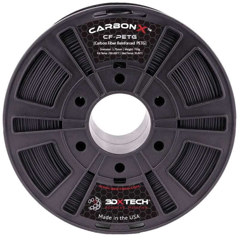 A roll of 3D printer filament labelled 'CARBONX CF-PETG'. Suitable for 3D printing, reinforced with carbon fibre PETG. Made in the USA.