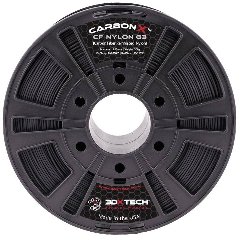 Spool with black filament 'CarbonX CF-Nylon' by 3DXTECH. Material: carbon fibre-reinforced nylon. Weight: 500g. Origin: USA.