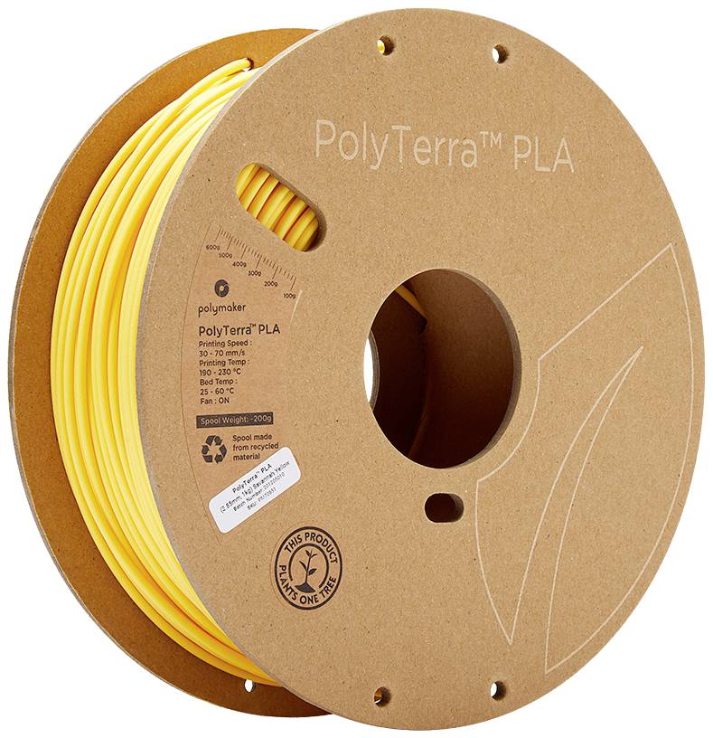 A roll of yellow 3D printer filament from PolyTerra PLA, eco-friendly packaged, with markings for recommended temperature range.