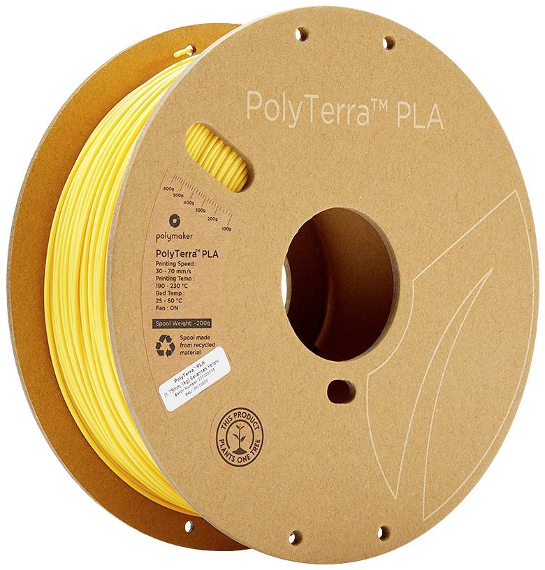 Yellow 3D printer filament spool made of PLA, brand 'PolyTerra'. Spool made from recycled material, biodegradable, suitable for 190-230°C.