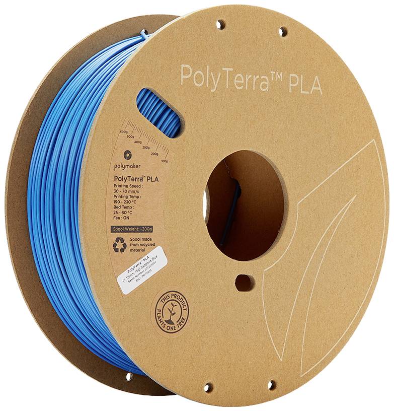 Spool of blue PolyTerra PLA filament, sustainably produced. Suitable for 3D printing at temperatures of 190-230°C.