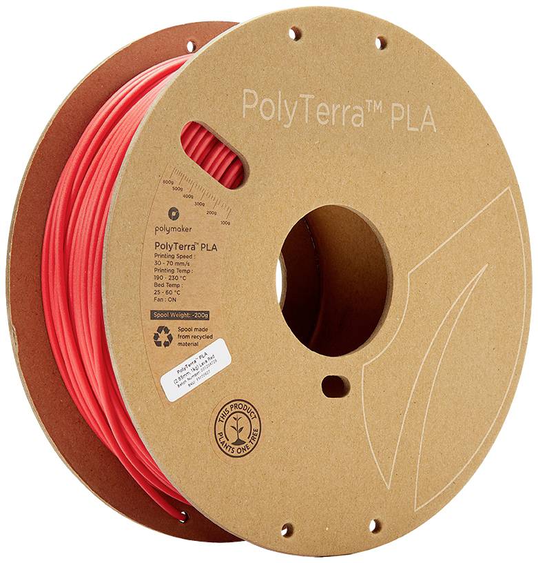 The figure shows a reel of red 3D printer filament made from PolyTerra PLA. The reel is made of recycled cardboard.