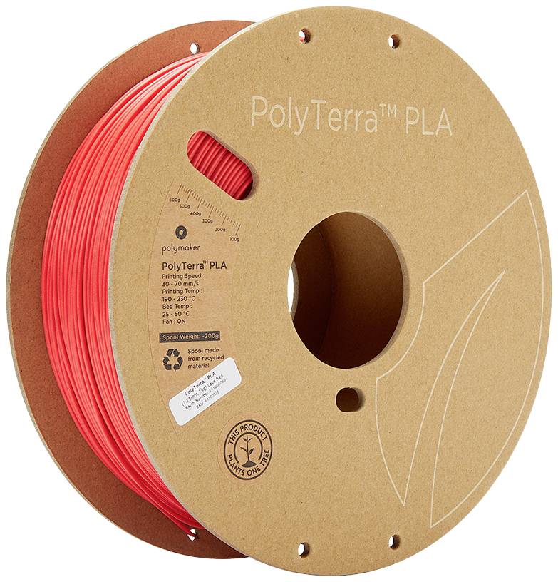 Reel of red PolyTerra PLA filament for 3D printers, made from cardboard and biodegradable. Includes temperature and printing guidelines.