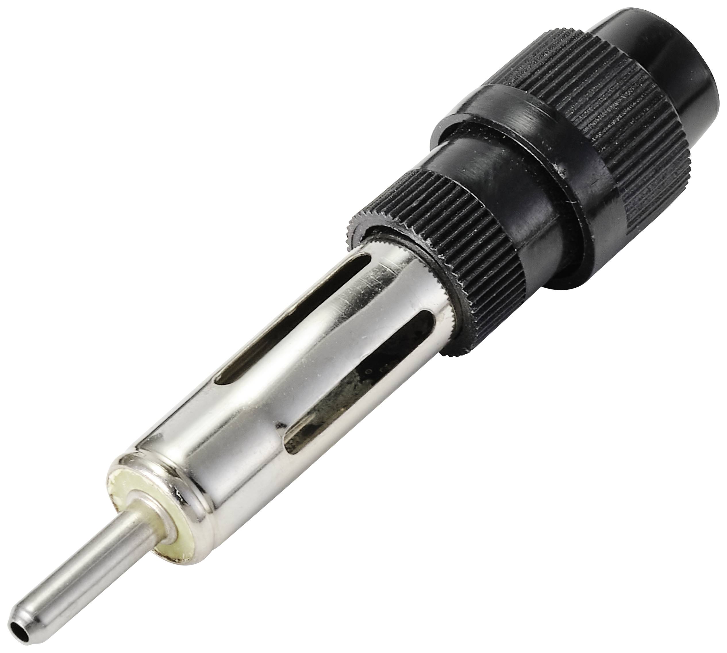 A metal antenna plug with a black plastic housing, typically used for car radios.