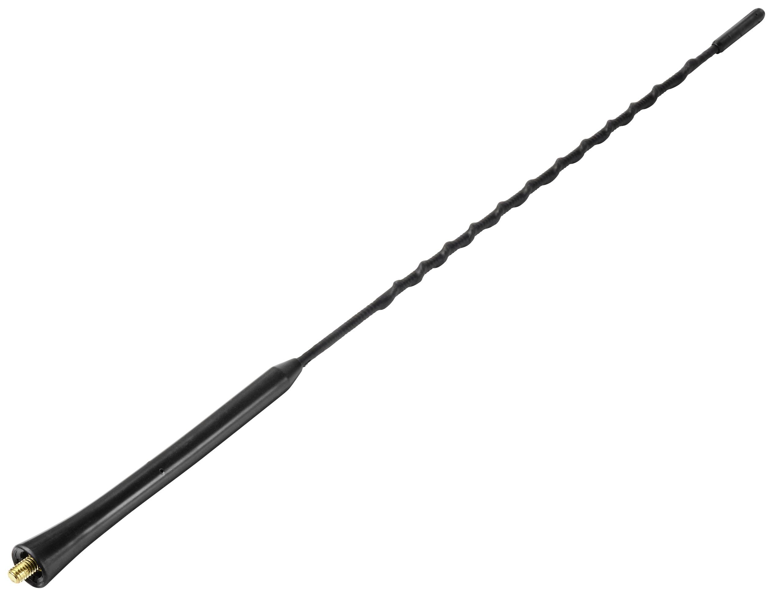 A black, flexible car aerial with a spiral design and a golden connection point at the end.