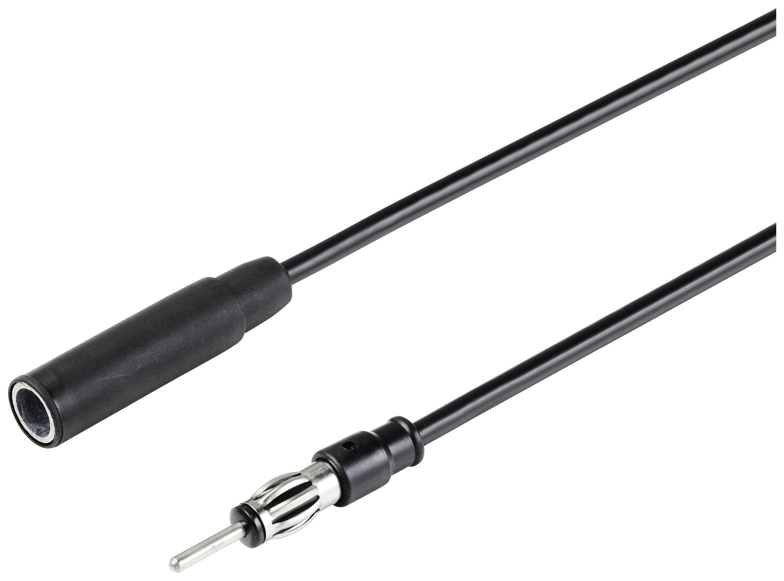 Antenna adapter cable with a black, cylindrical plug on one end and a metallic pin plug on the other end.