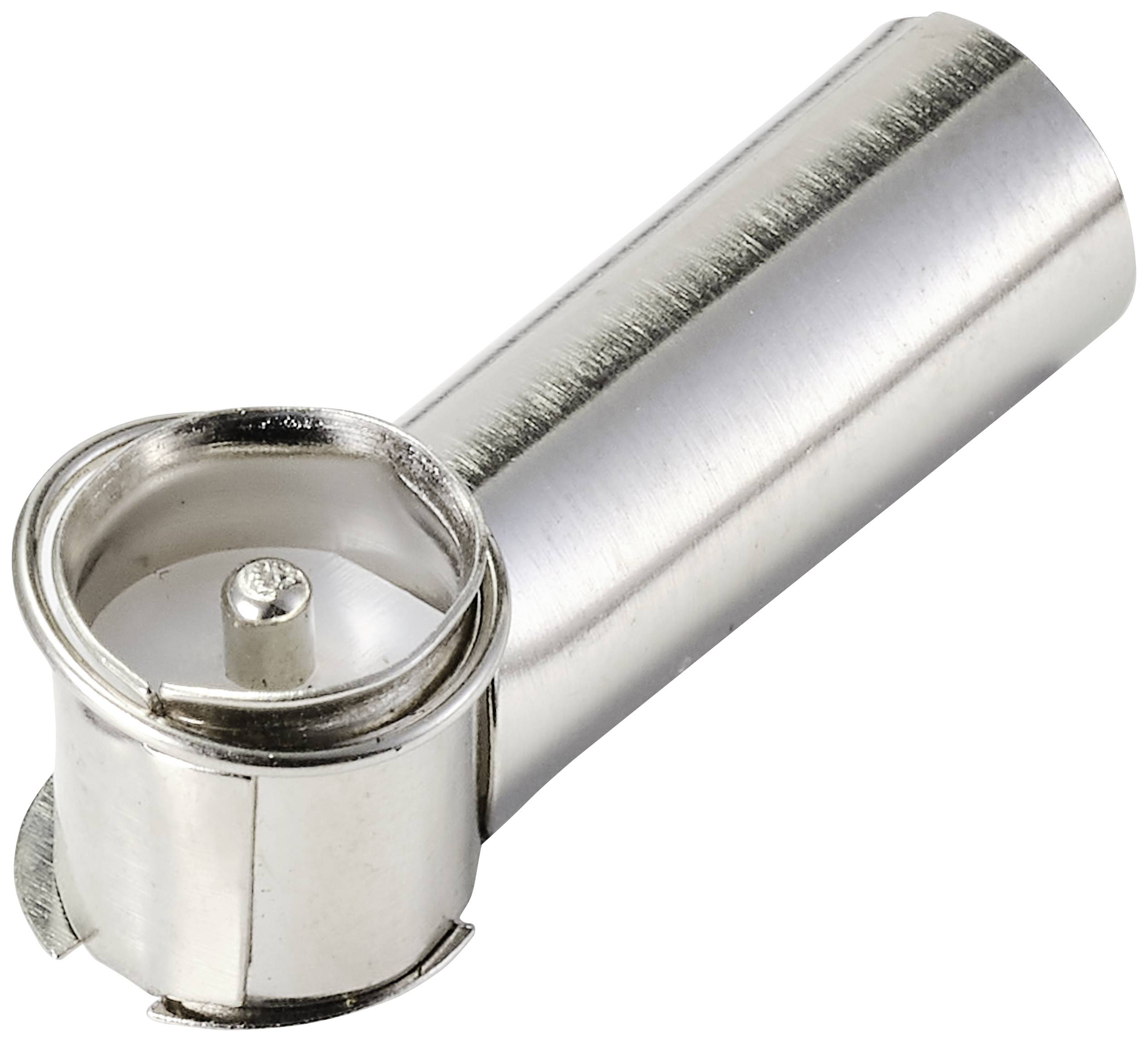 A silver metal tube with a slightly curved, open end that potentially represents a technological or industrial component.