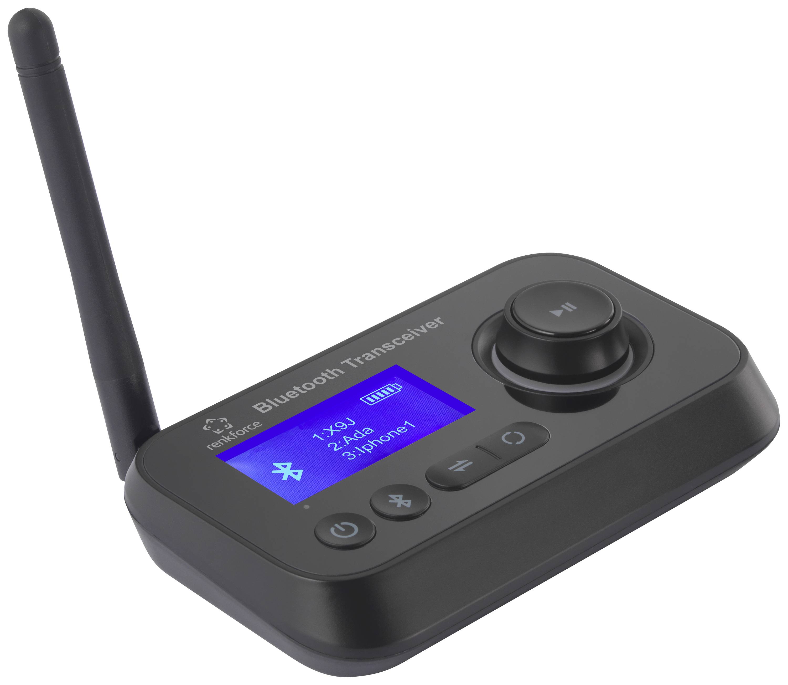 Black Bluetooth transceiver device with antenna, display and control buttons. Displays connections and settings on the screen.