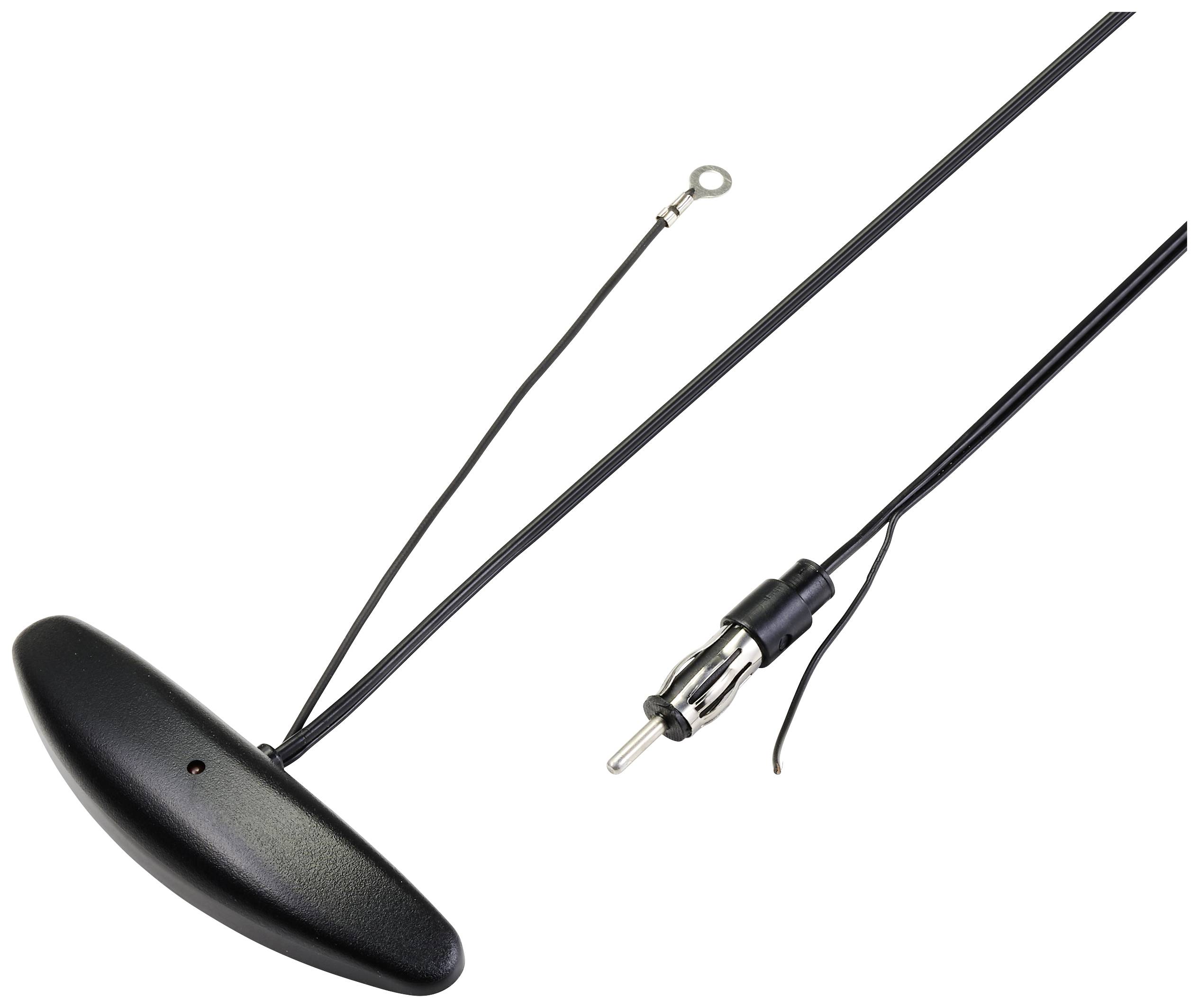 A car aerial with a black, oval housing and a cable with a connection plug. Ideal for radio reception.