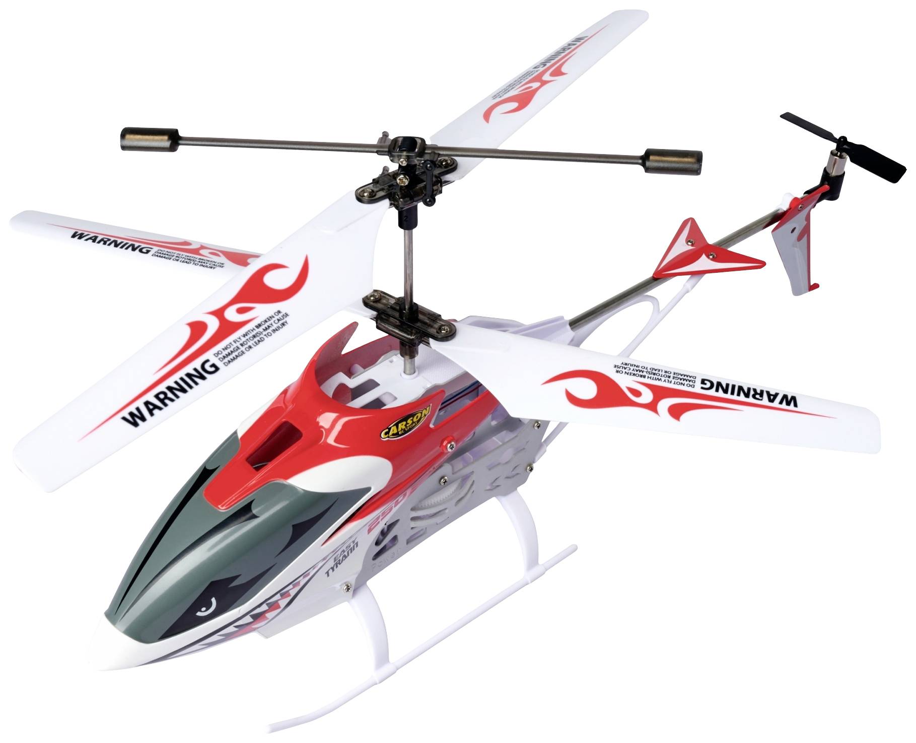 A remote-controlled helicopter with red and white design, decorative flame patterns, and warning notices 'WARNING'.