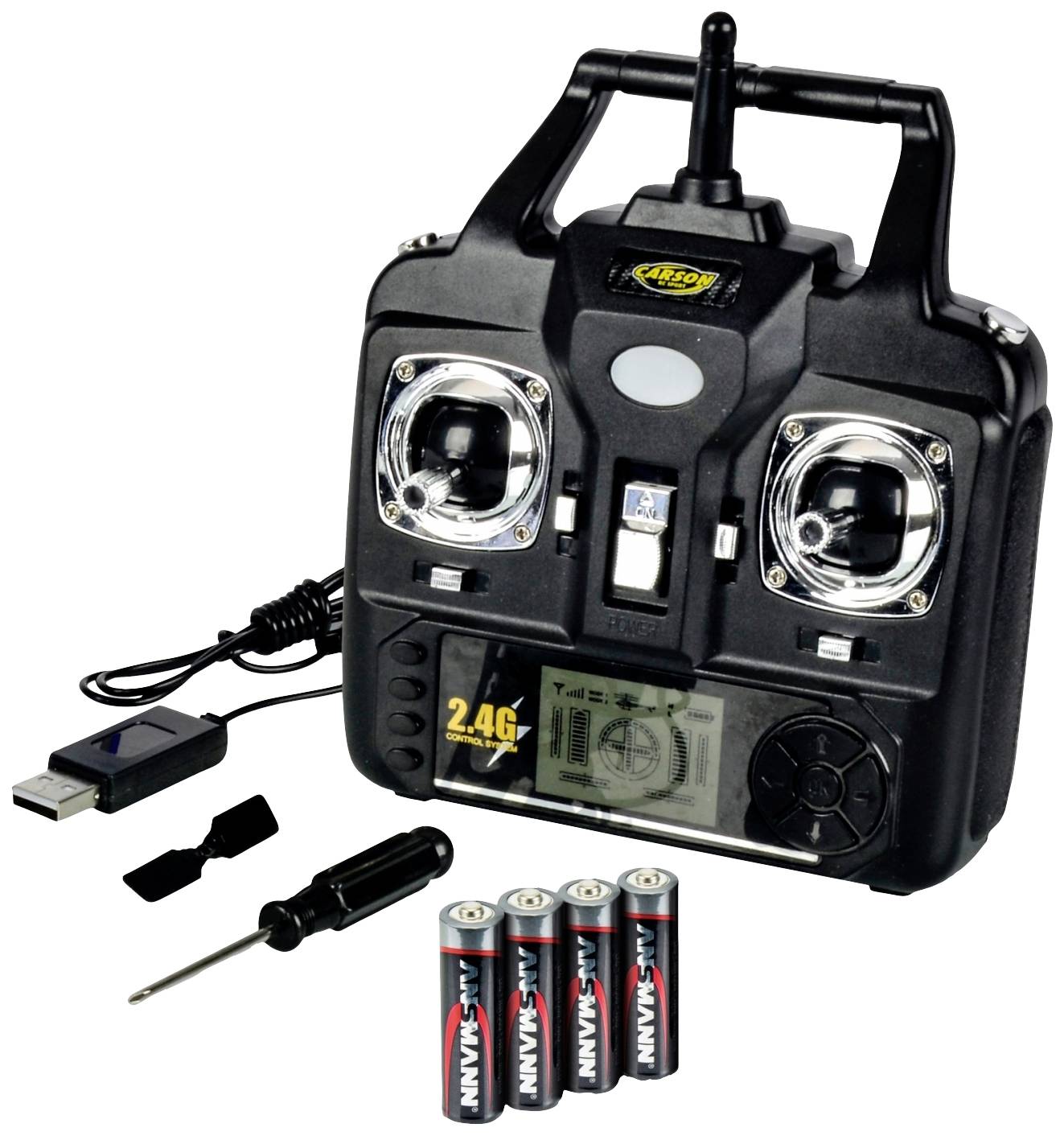 Radio remote control with two control sticks and an LCD screen. Accessories: USB cable, screwdriver and four AA batteries.