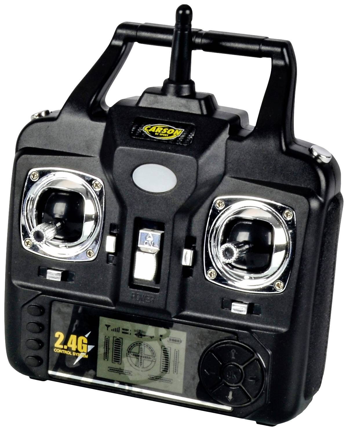 A black remote control with two control sticks, a display, and buttons. It is intended for model aircraft or drones.