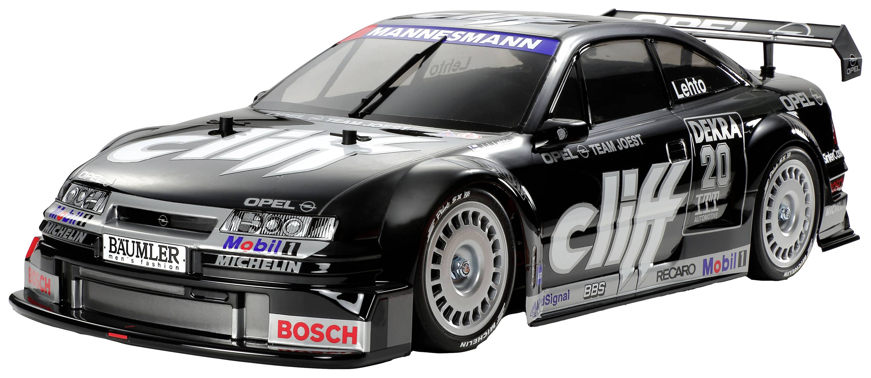 Black racing car with brand logos and race number 20. Car has rear wing spoiler. Model decoration in DTM style.