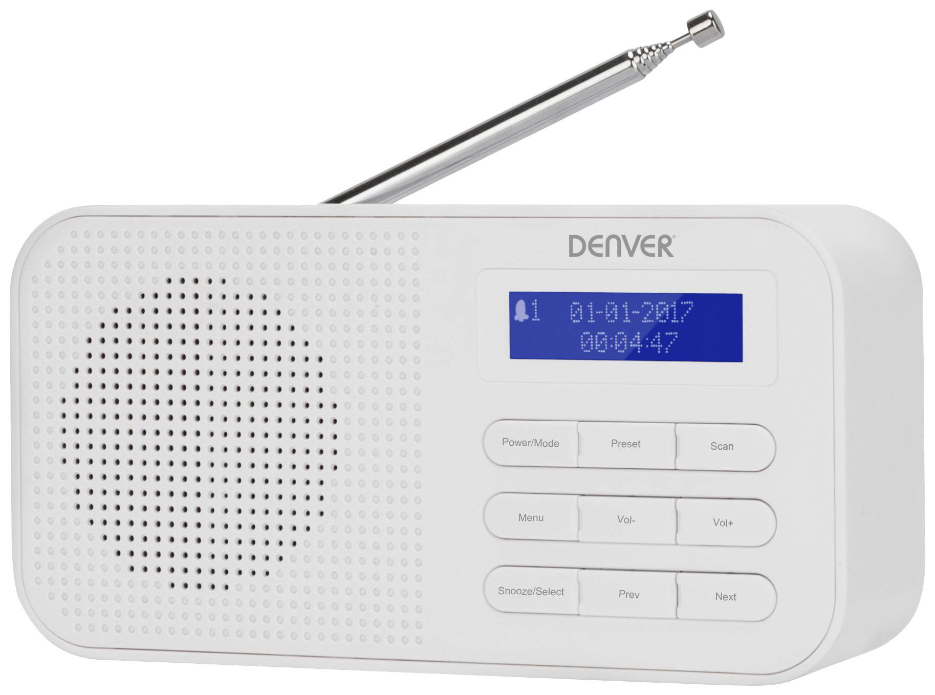 White portable radio with display, showing date '01-01-2017' and time '00:04:47', with several control buttons underneath.