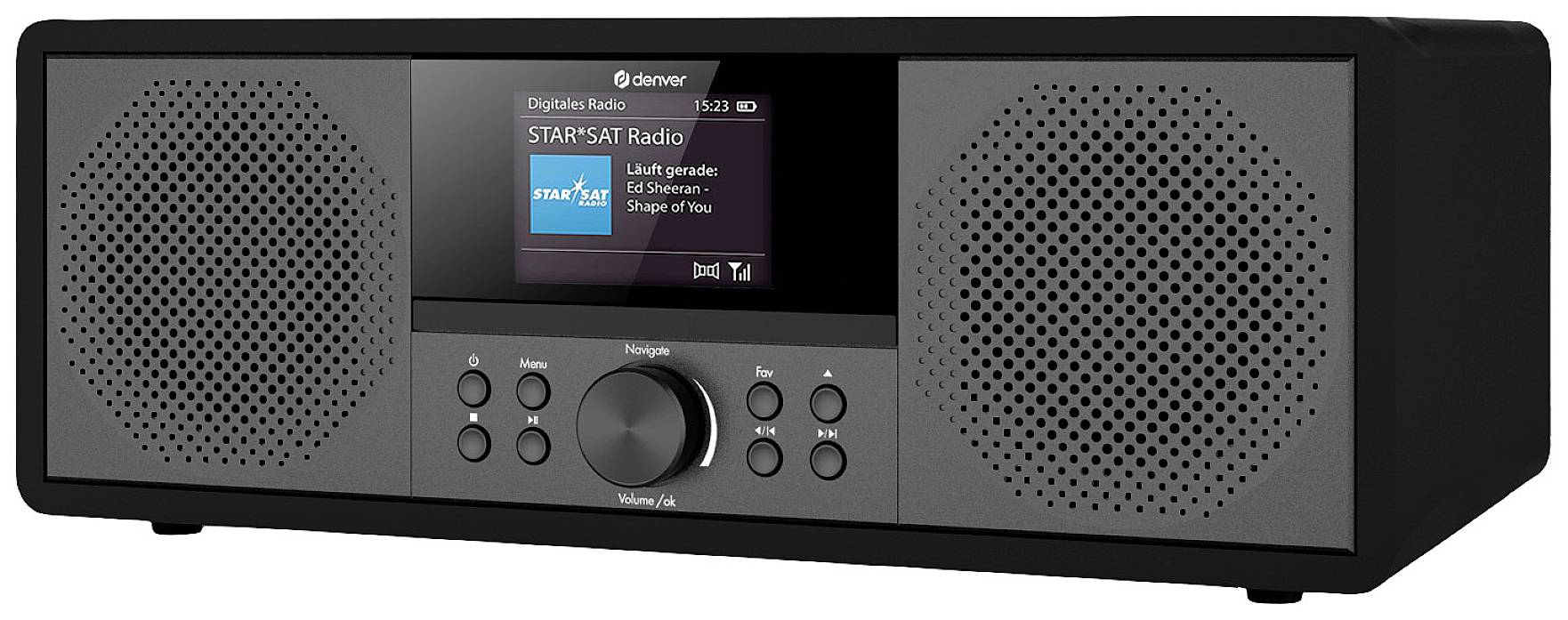 A digital radio with a display is showing the station 'STAR'SAT Radio'. The song 'Shape of You' is playing. Several buttons and a volume control are visible.