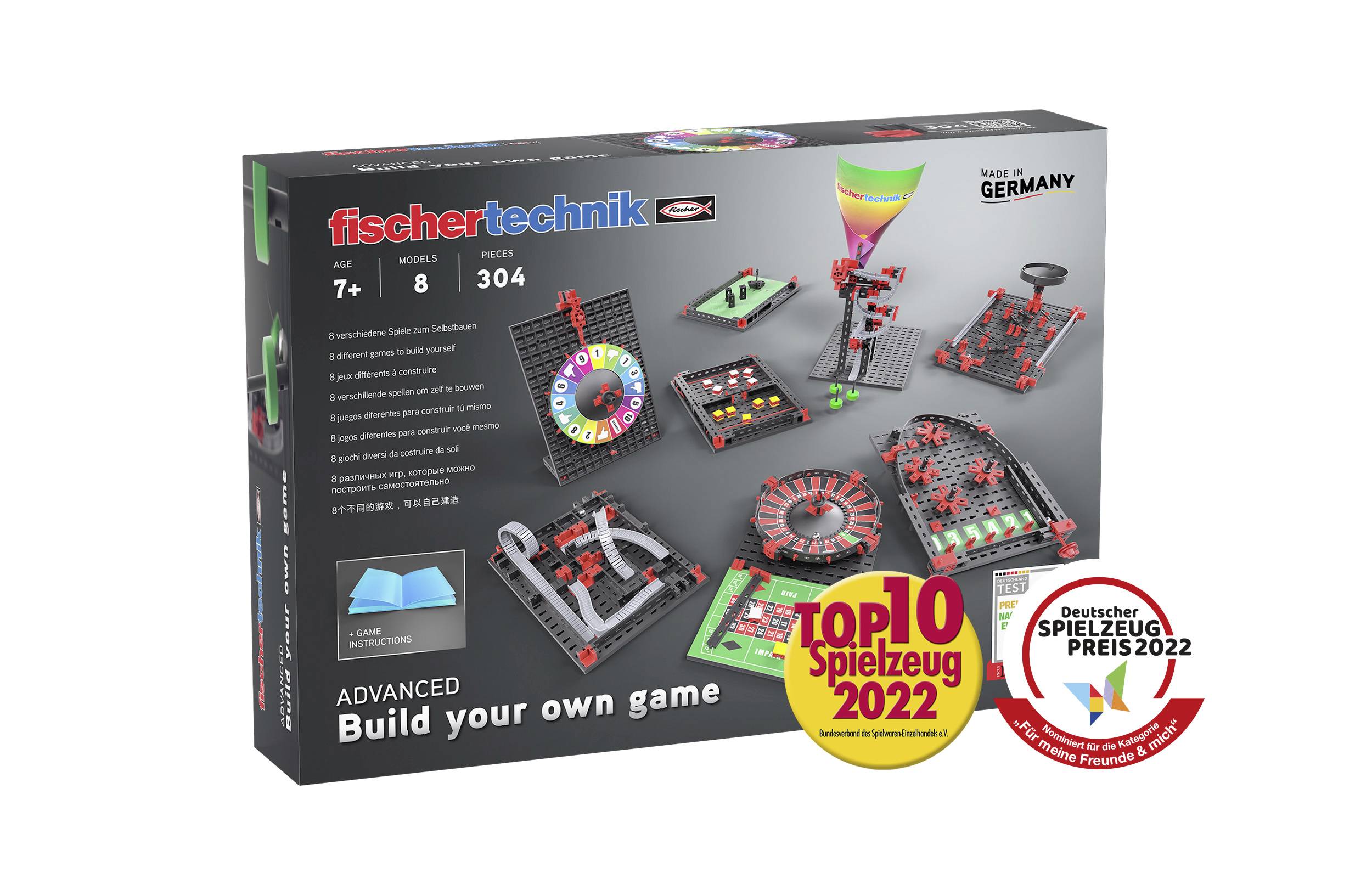 Game Construction Kit 'Build your own game' by fischertechnik, suitable for ages 7 and up, includes 304 pieces, awarded toy prizes in 2022. Made in Germany.