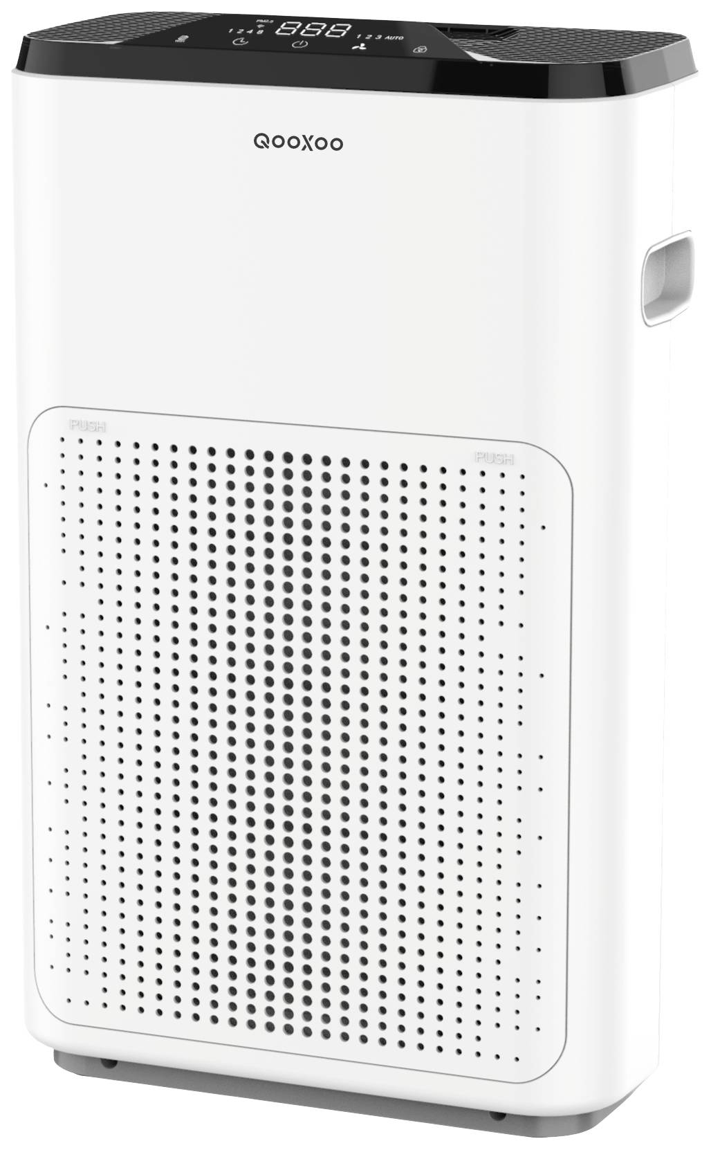 A white air purifier with a black top panel and digital display. Design featuring side carry handles and a perforated front.