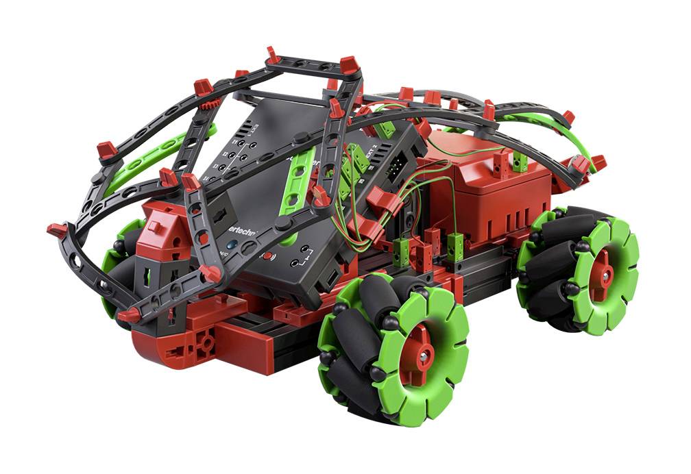 Colourful toy robot with large wheels and a wired structure. The main colours are red, black, and green.