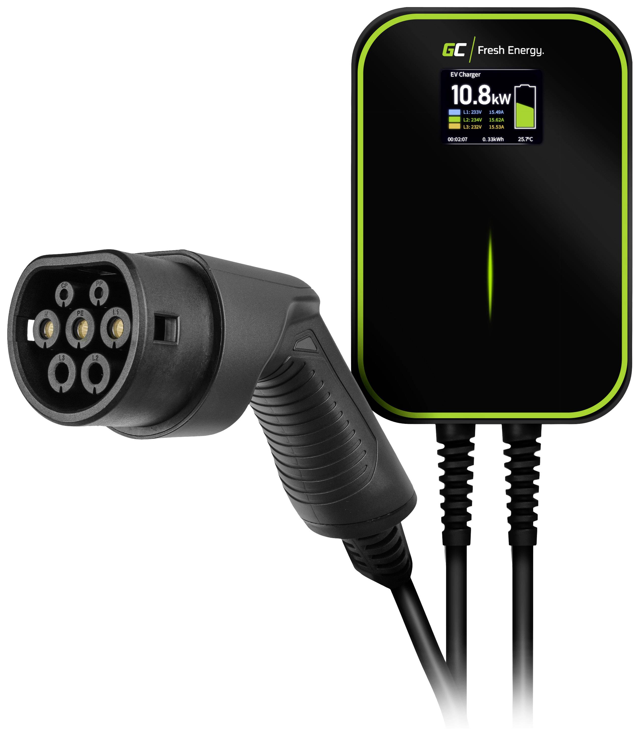 Charging station and cable for electric vehicles, display showing 10.8 kW charging power on screen, black Green Cell device.