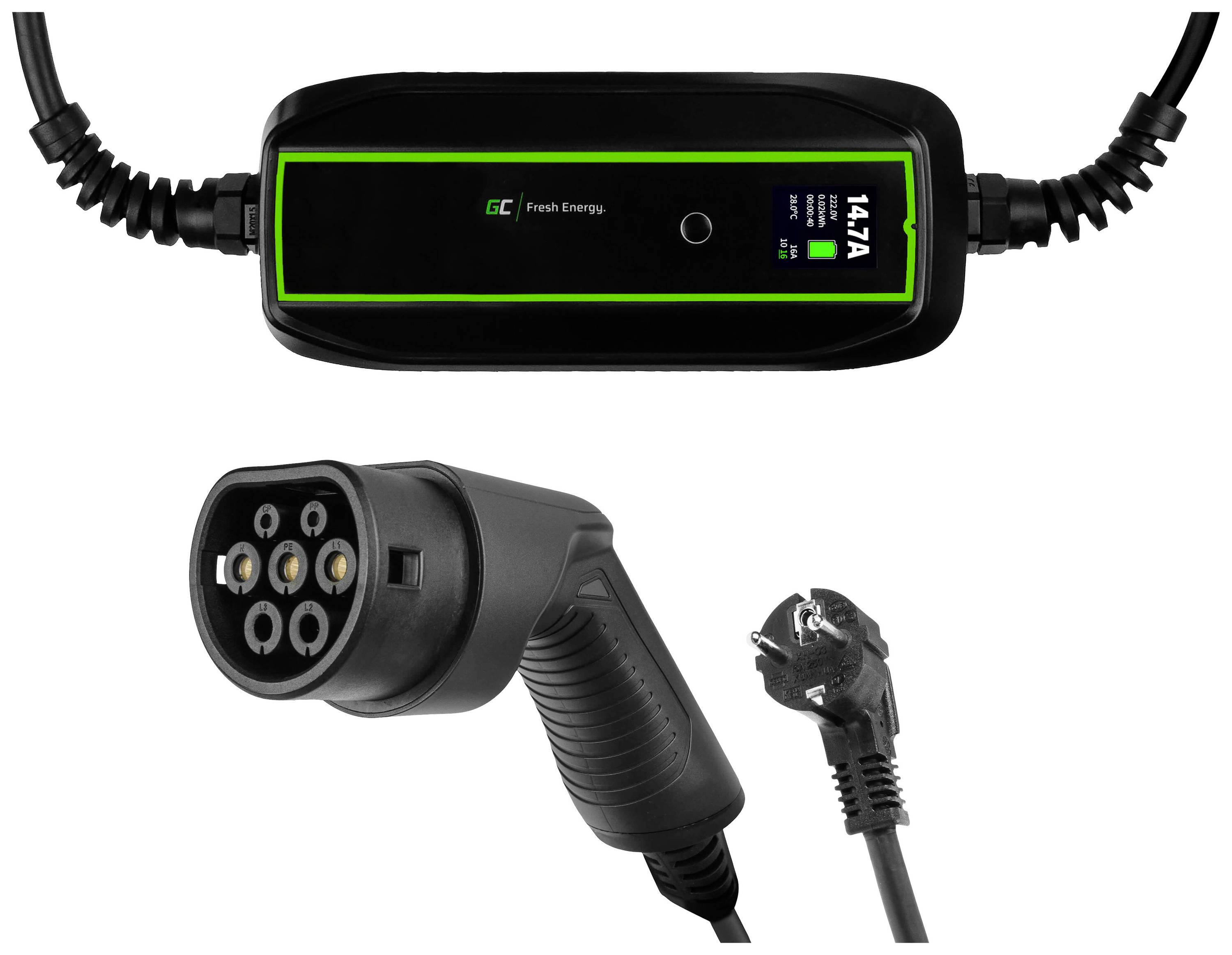 Electric vehicle charger with plug, cable, and display on the charging unit. Display shows charging progress and power: 14.7A.