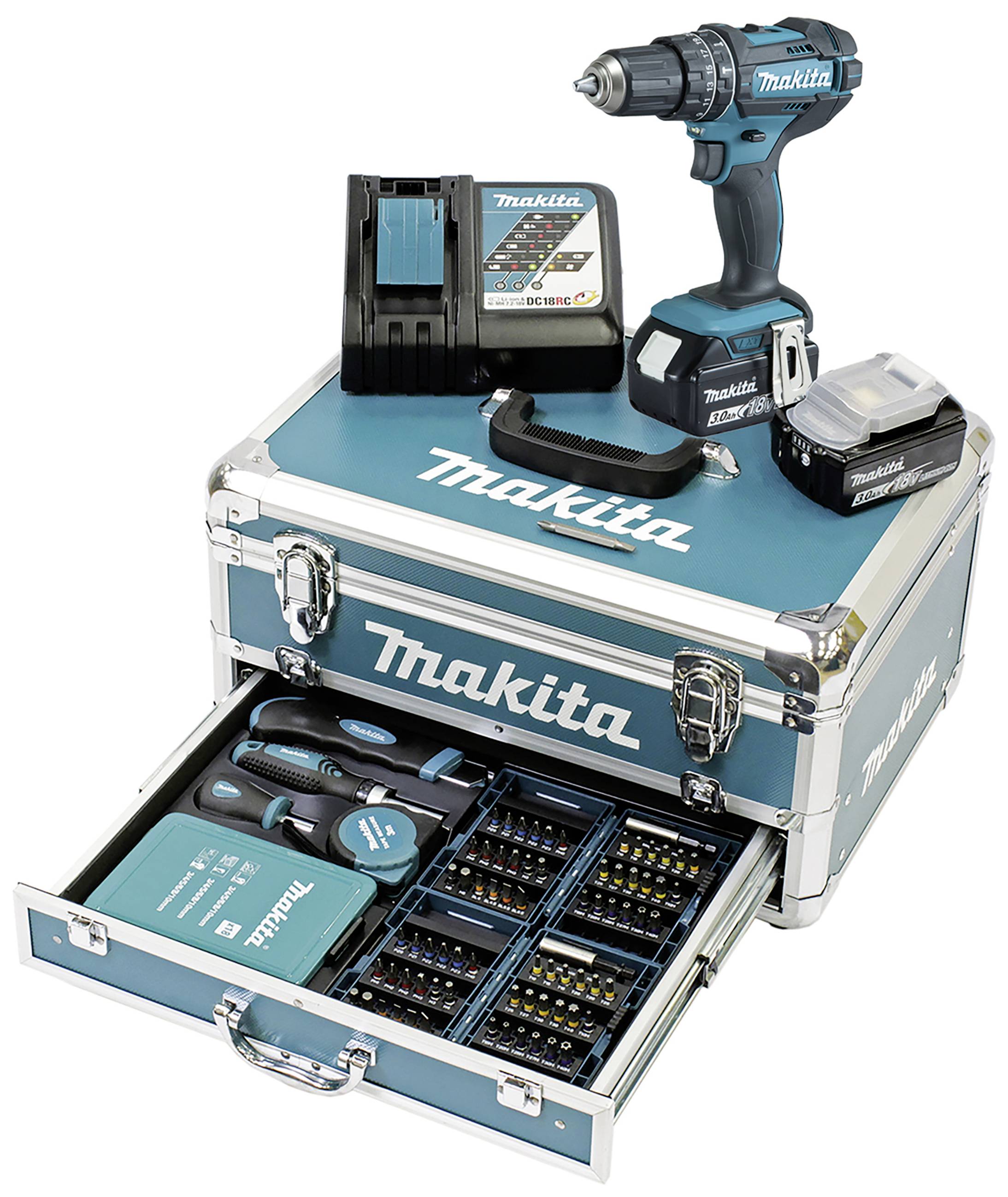 Cordless drill set with charger, spare battery and various bits in an open tool case. The brand is clearly visible.