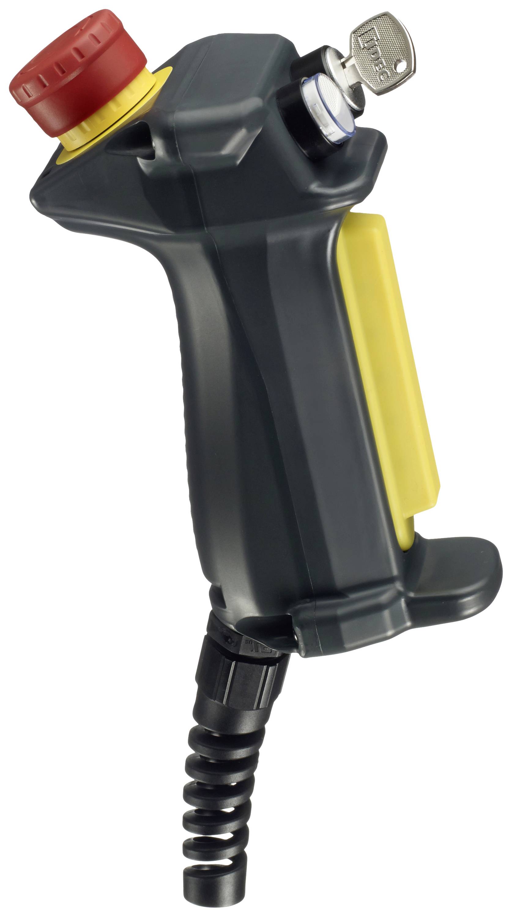 A compact industrial control handle with a red emergency stop button, yellow operation button, and integrated key switch.