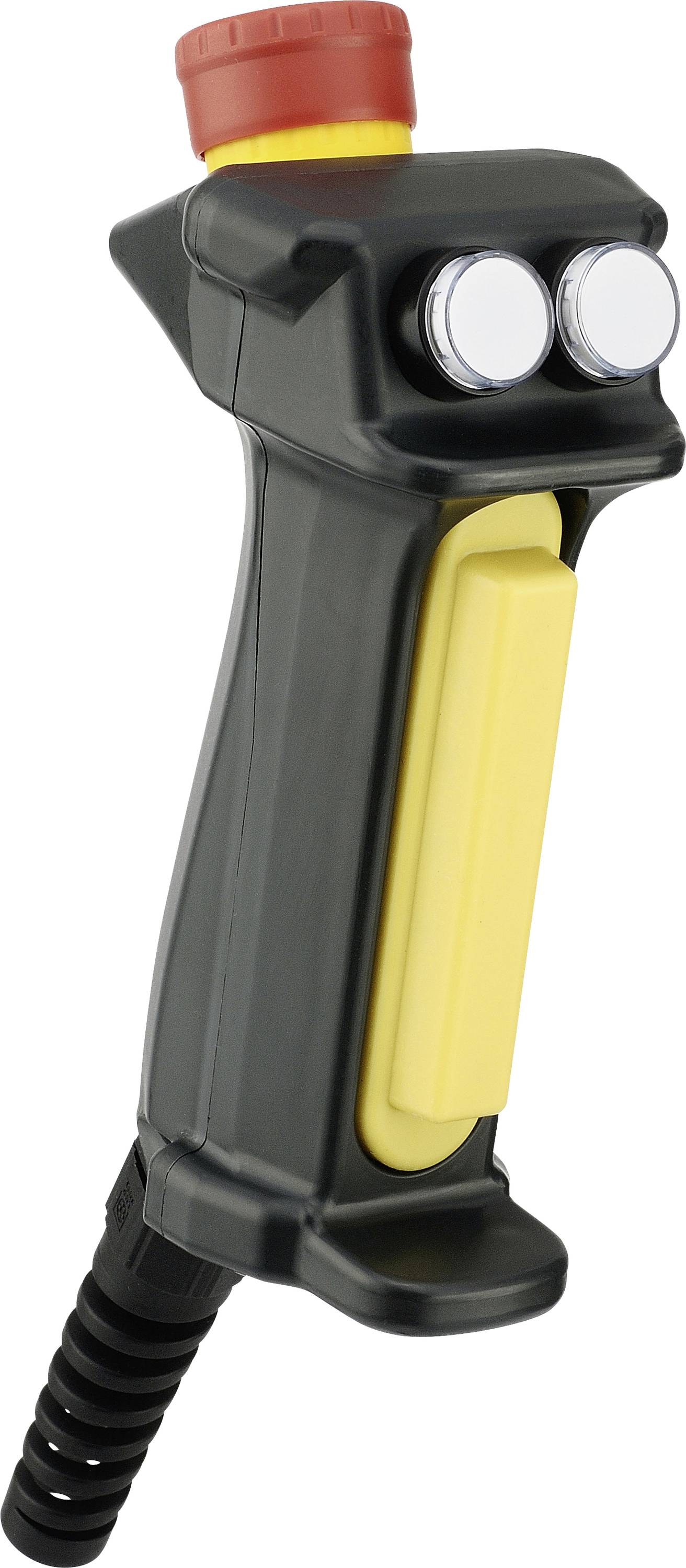 Black control lever with two silver buttons and a large yellow button, red switch on top. Used for machine operation.