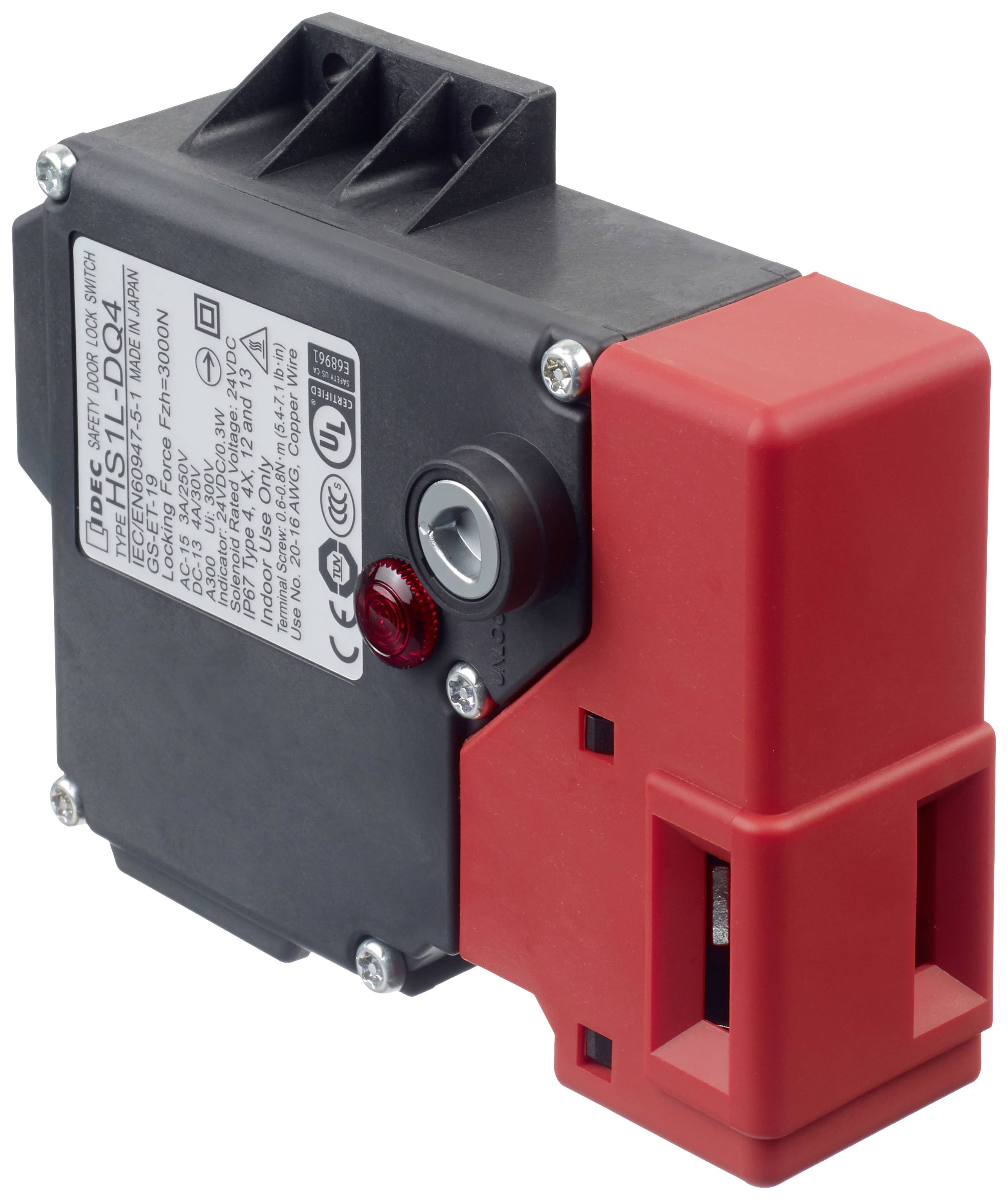Safety interlocking switch with a red housing and black base. Displays technical specifications on a label on the side.