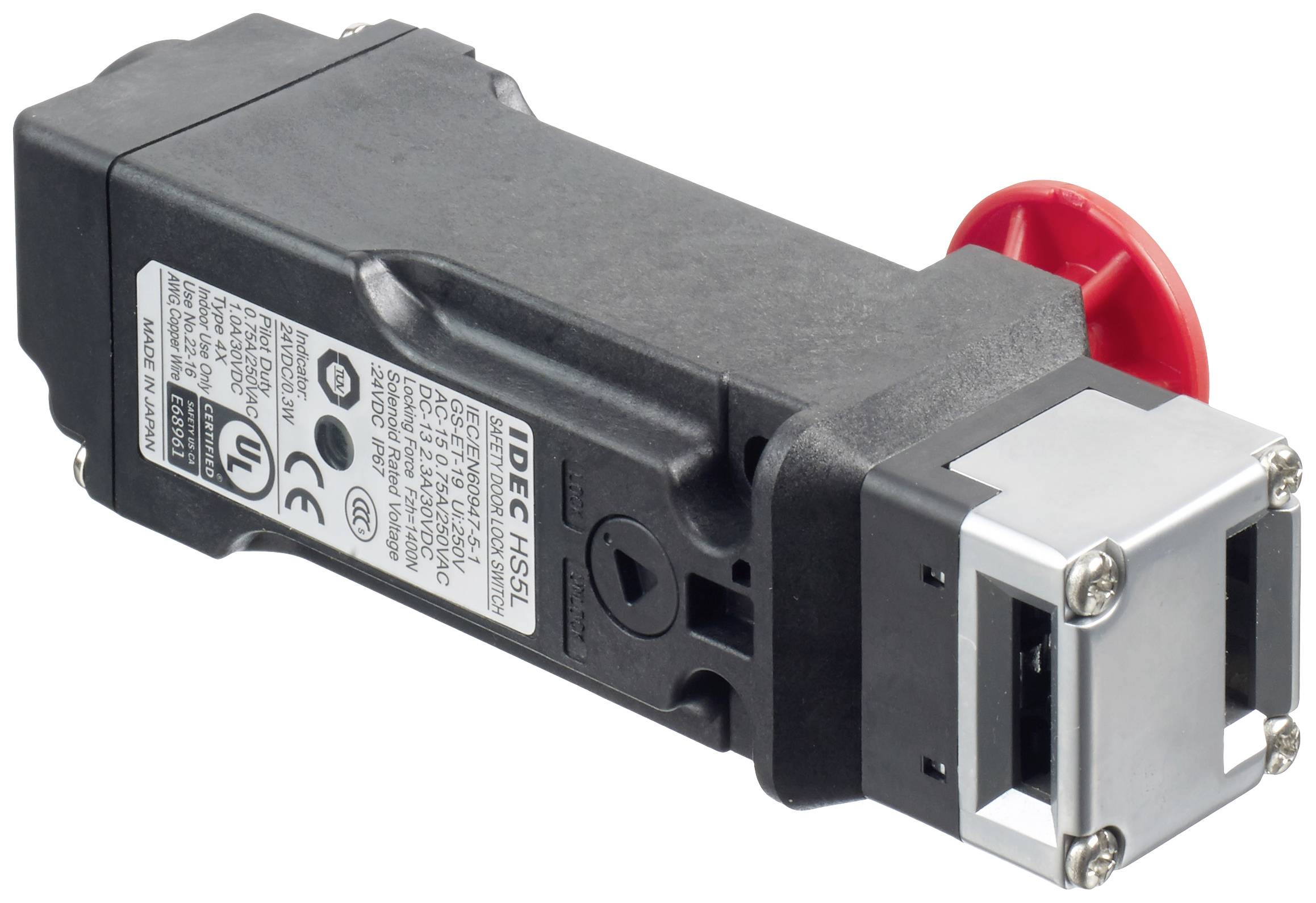 Black safety switch with a red lever and silver housing end, labelled with technical specifications.