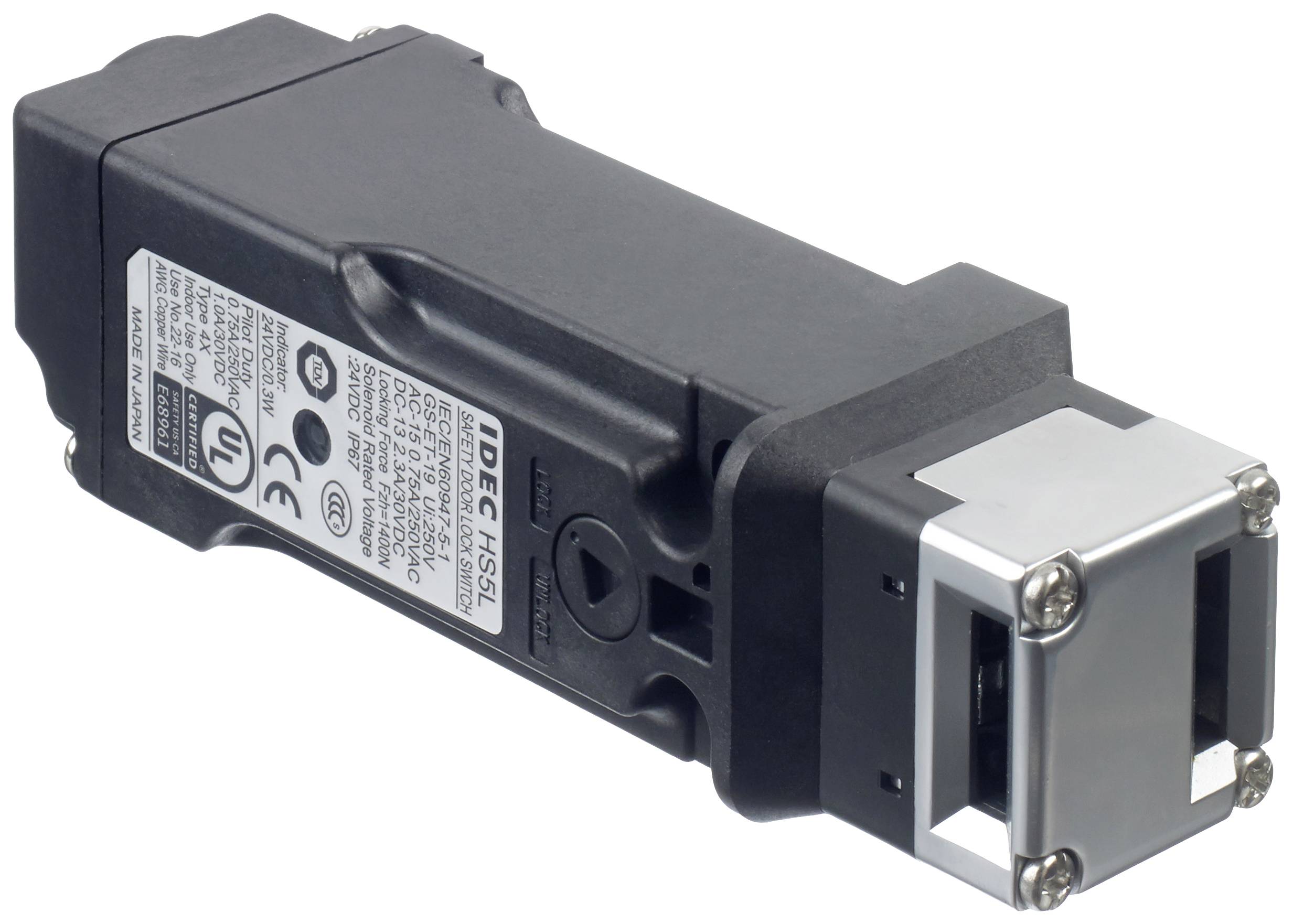 Electronic component with a plastic casing and label. Used in technical devices for control or safety purposes.