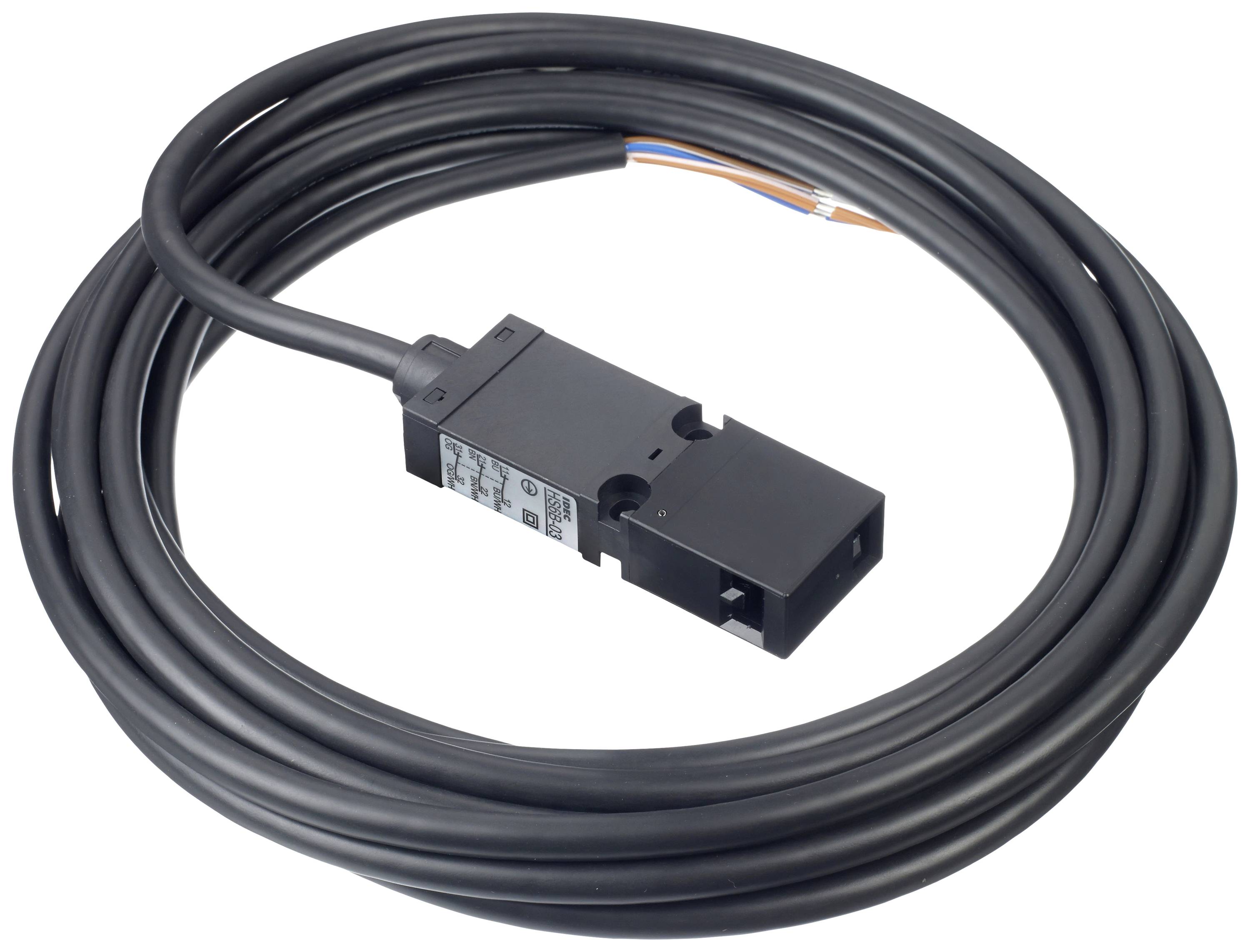 A black cable harness with a rectangular sensor at one end, for industrial applications, on a white background.