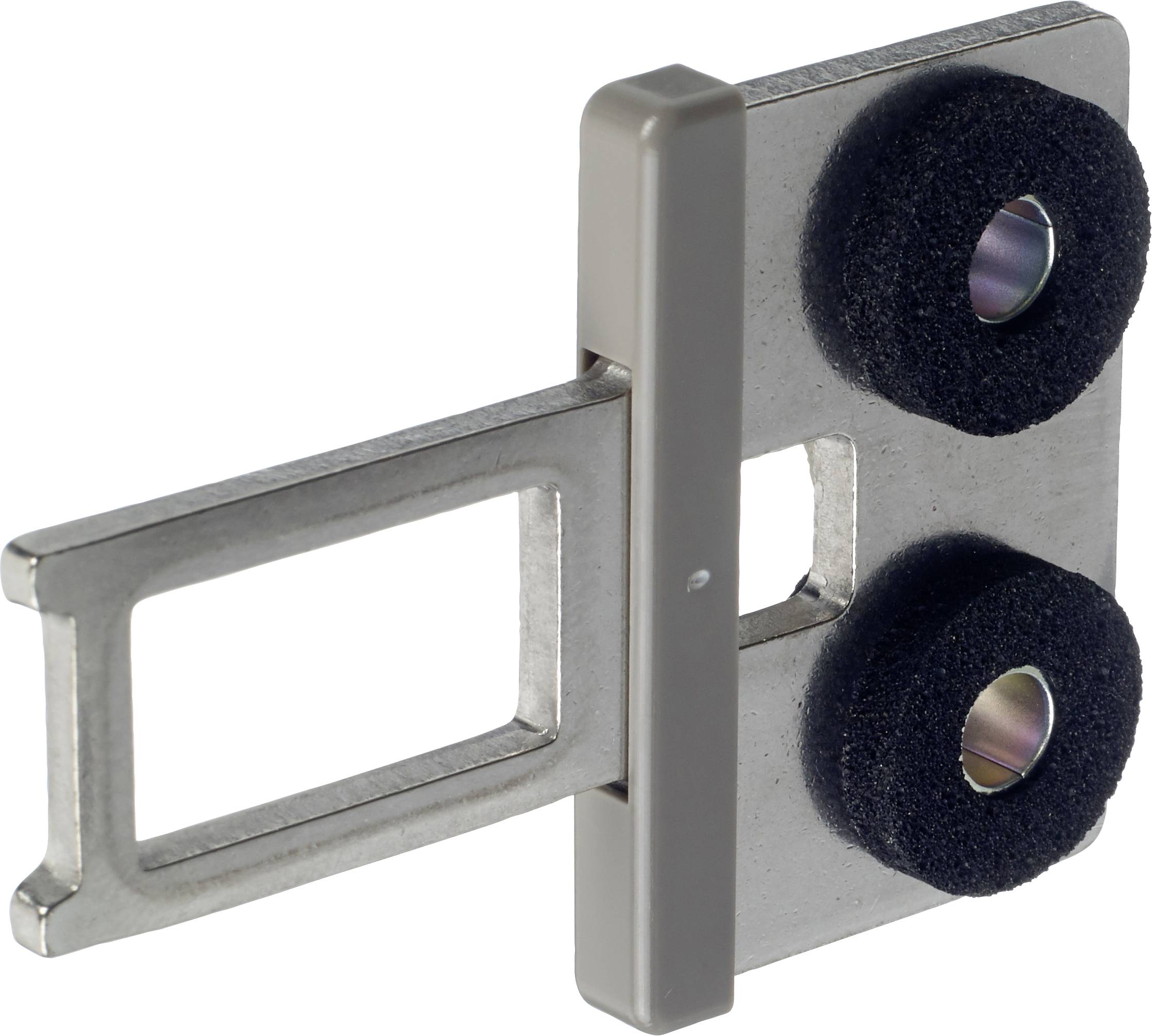 A SIM card ejector adapter with two black rubber covers on the metal clip, used for removing SIM cards from devices.