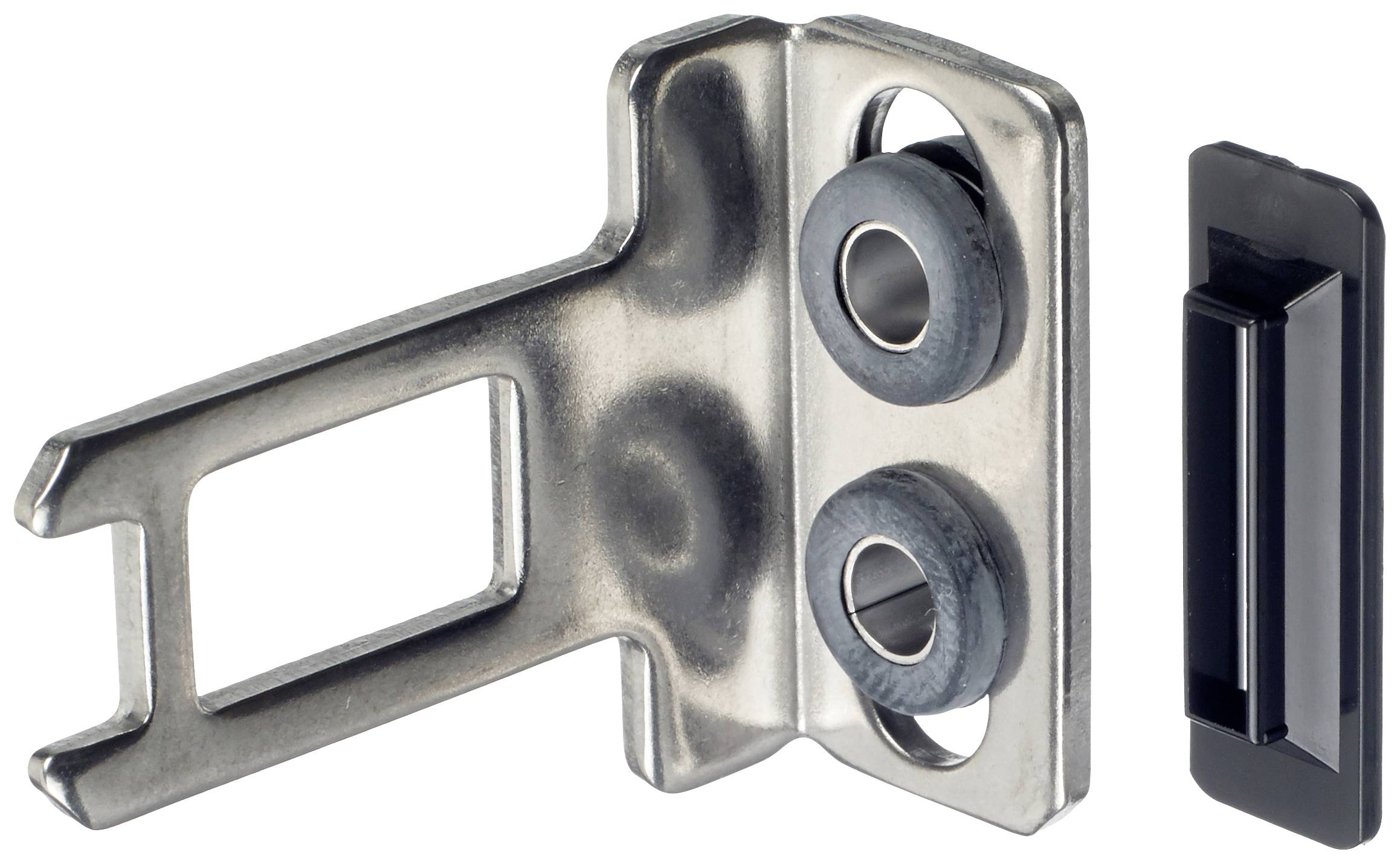 A metallic clip with two rubber bands and a black plastic part beside it.