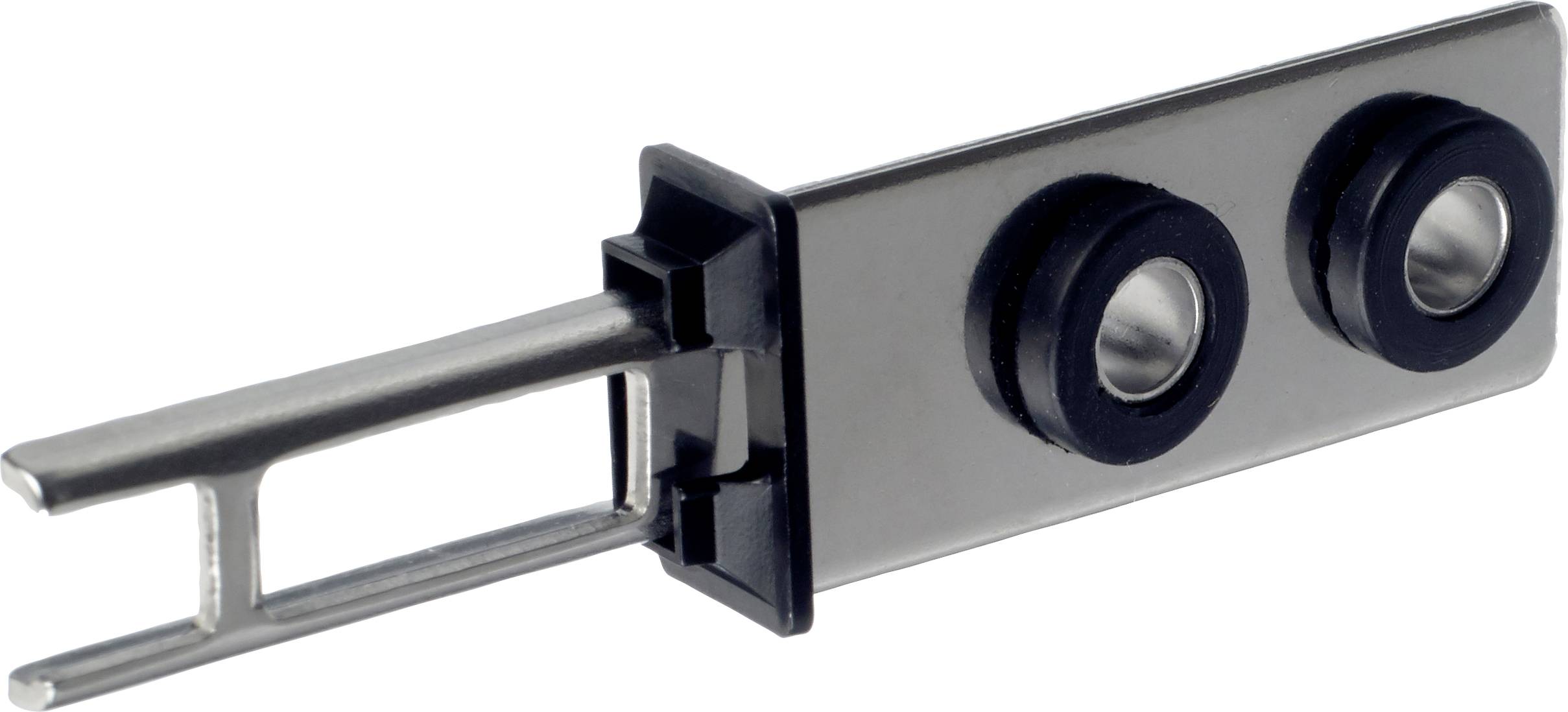 A metallic, rectangular staple with two fixing holes and a narrow extension. Used for electrical connections.