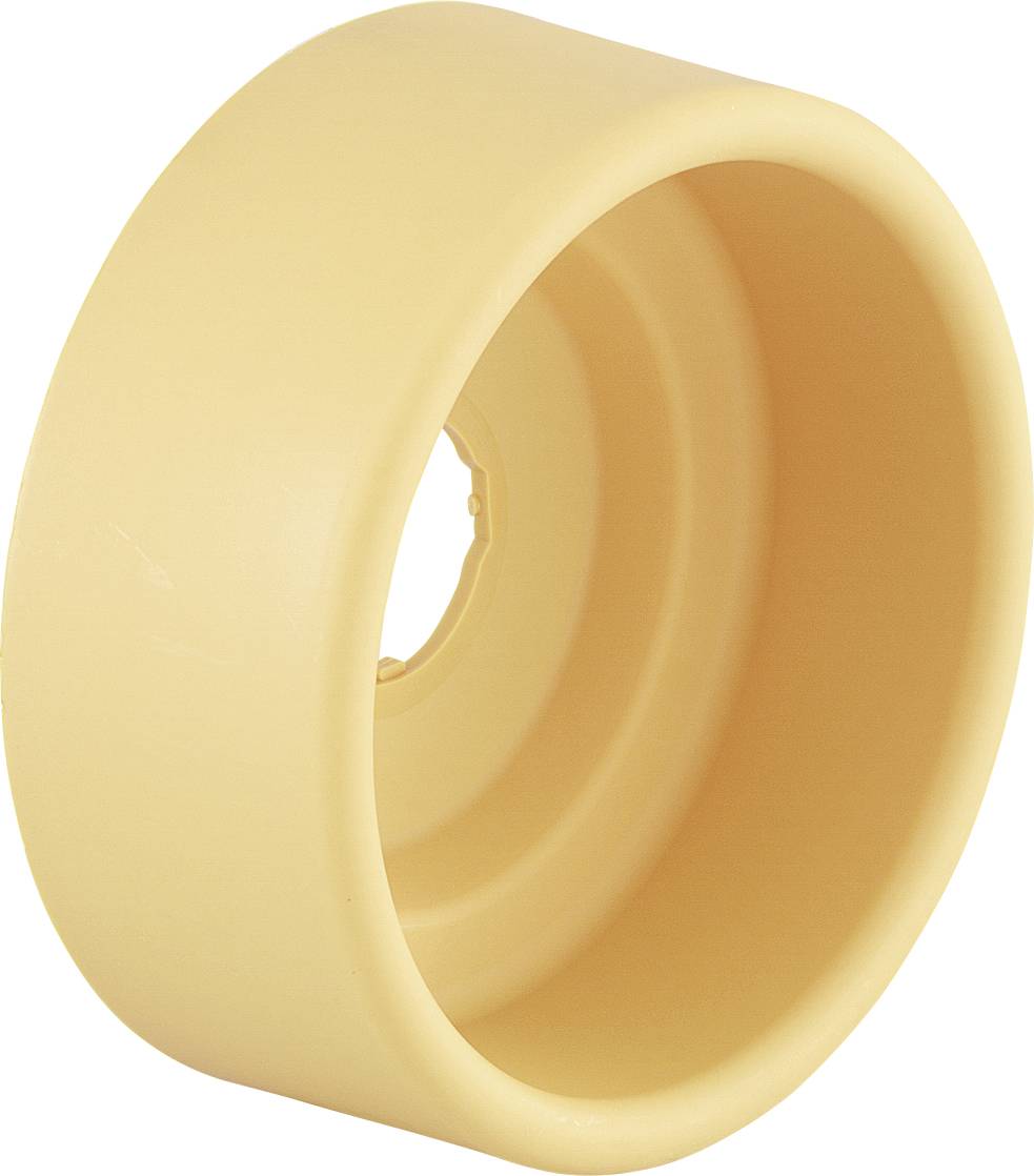 Yellow plastic wheel, cylindrical in shape, with a central opening. Used as a replacement part for transport vehicles or technical equipment.