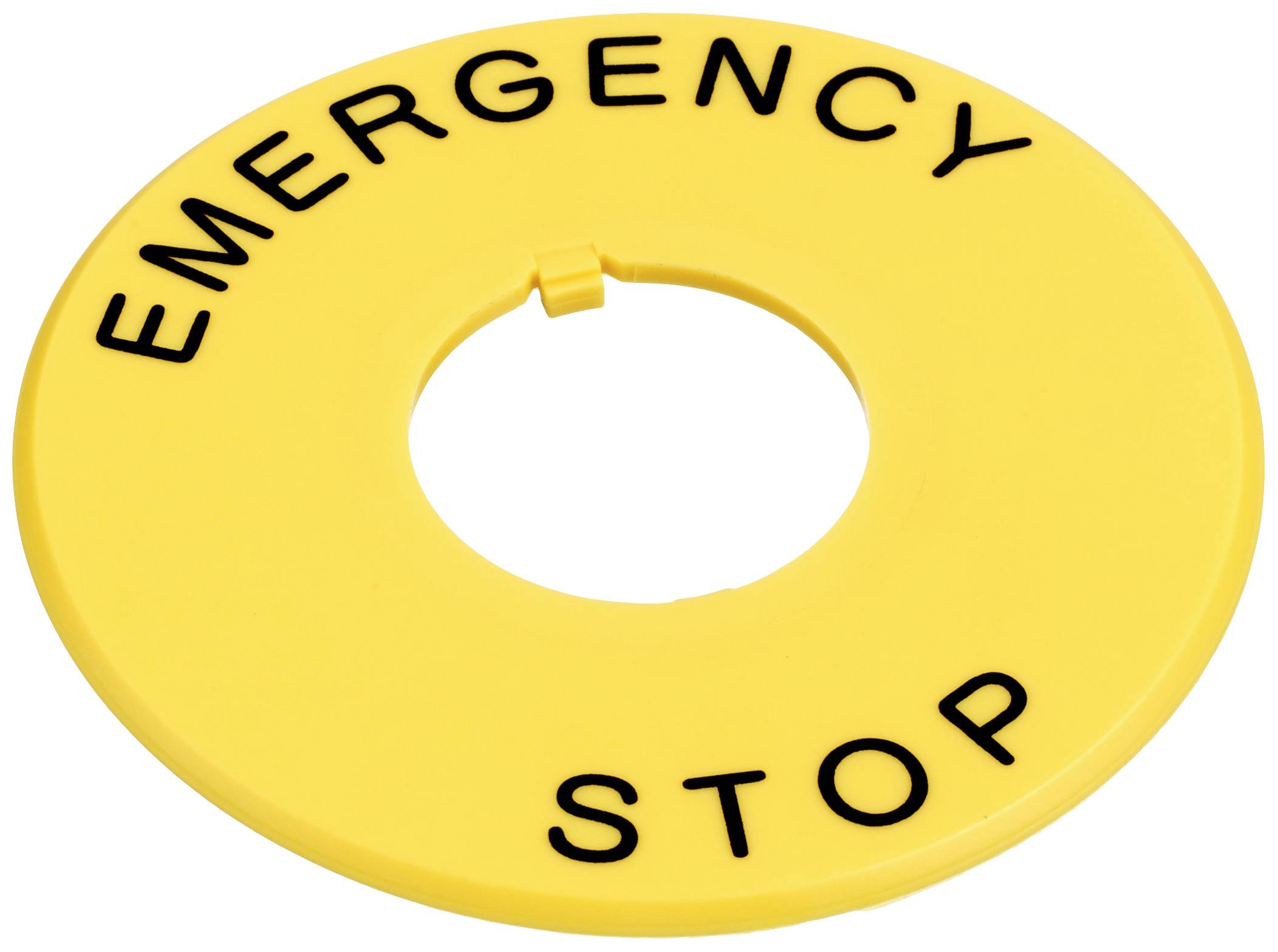 Yellow emergency stop sign with the text 'EMERGENCY STOP'.Note: In British English, this would typically be written exactly as it is, without changes to spelling or terminology. The phrase 