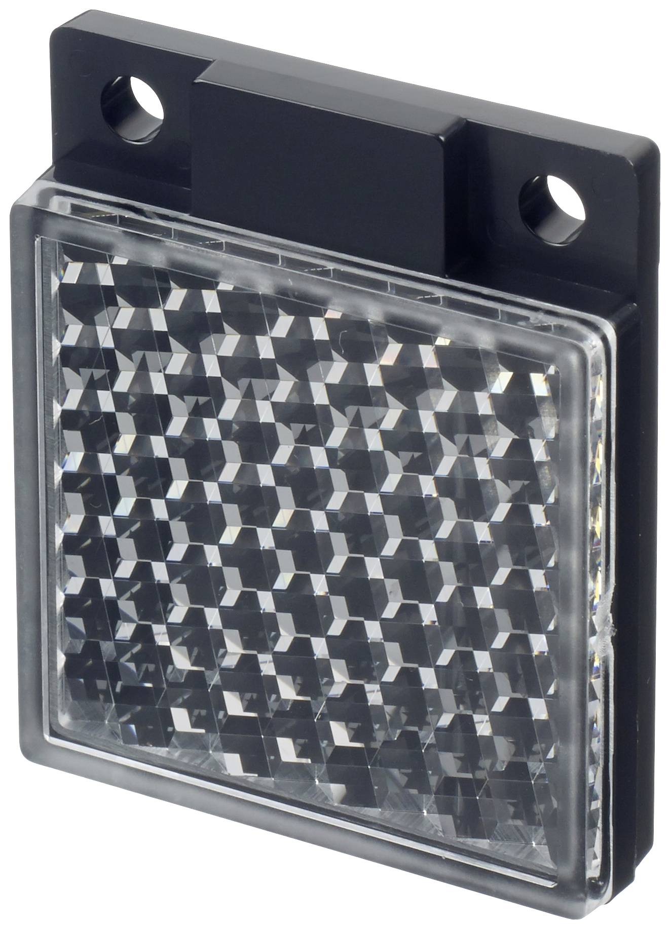 Reflector in a square shape with a black frame and hexagonal pattern. Used for light transmission and visibility.