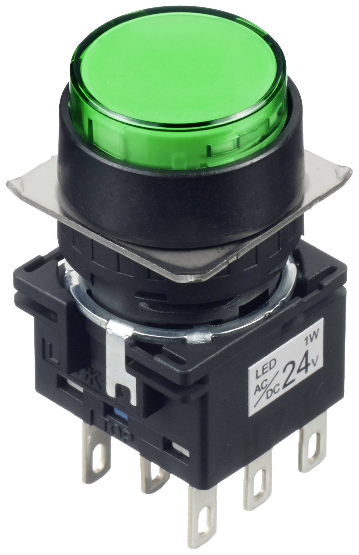 A green, round push button with mounting brackets, suitable for 24V LED applications.