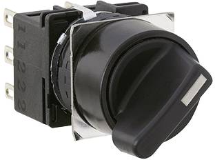 Close-up of a black rotary switch with a rectangular housing and multiple electrical connections on the back.