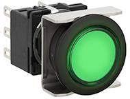 Green button on a black base, laterally secured with metal tabs; frequently used as a switch or indicator.